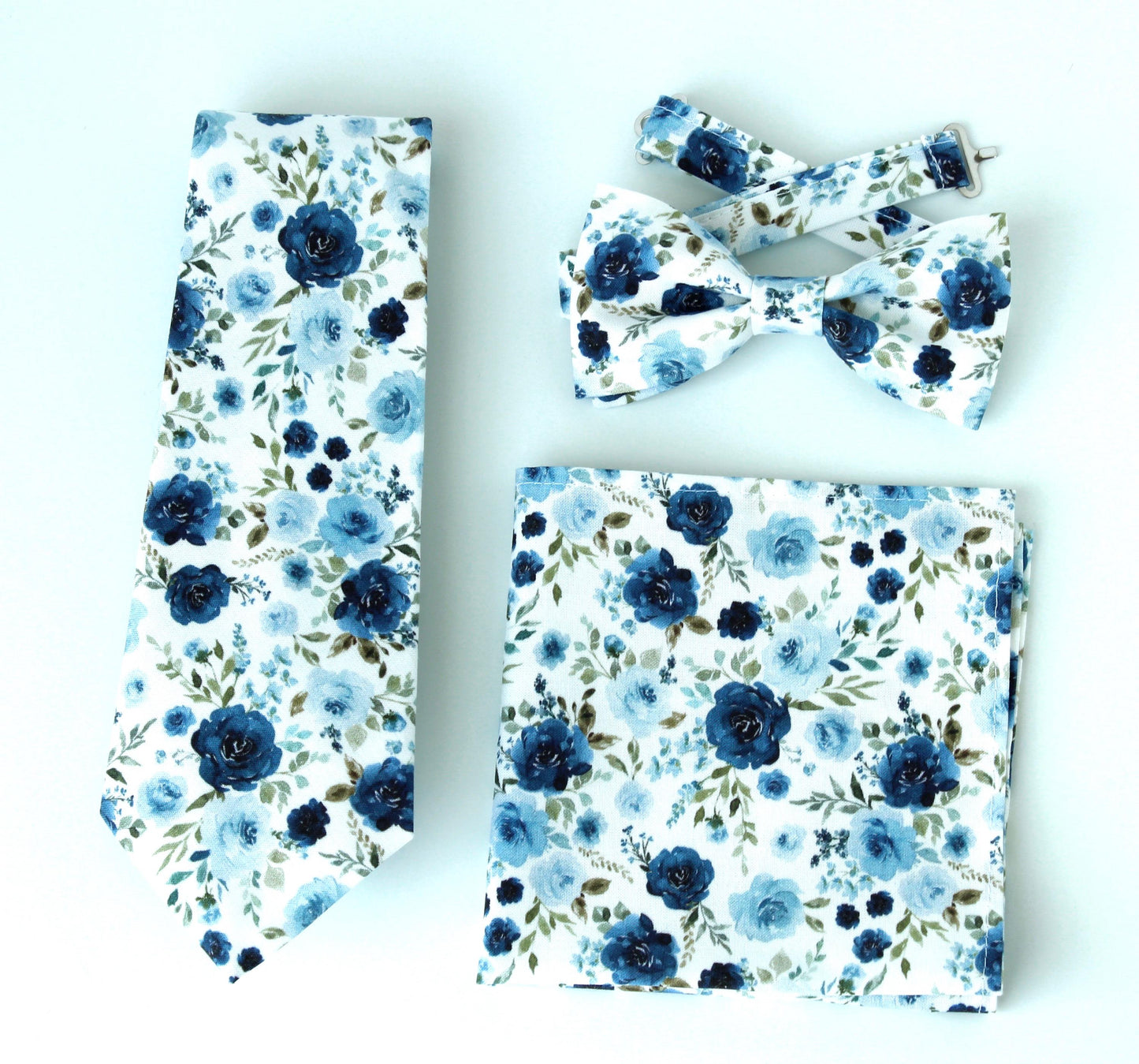 Blue floral necktie, bow tie, pocket square for men and boys, wedding skinny tie, groomsmen long tie, white blue floral necktie