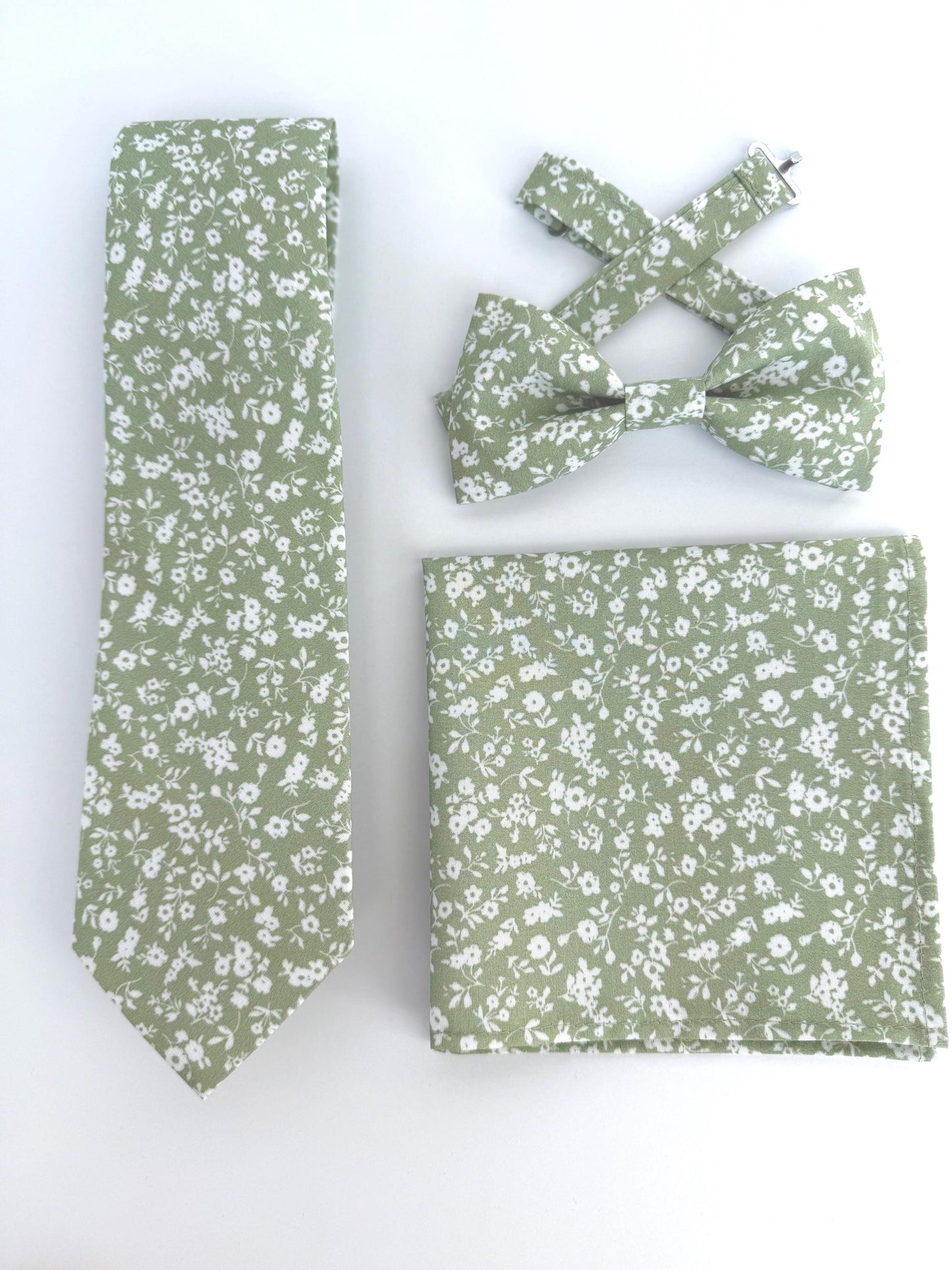 Sage green floral necktie, greenery bow tie for men and boys, pocket square, rustic wedding attire, groom long tie, groomsmen skinny tie