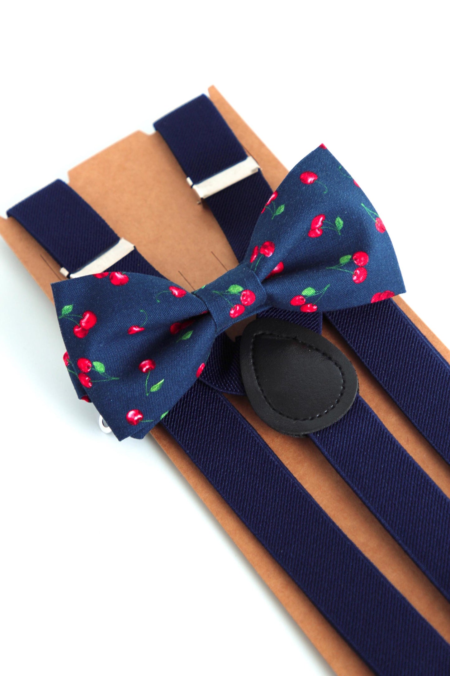 Navy blue with cherries bow tie for men and boys, cherry bow tie, gift for him, navy suspenders, fruit bow tie, kids bow tie, novelty bowtie