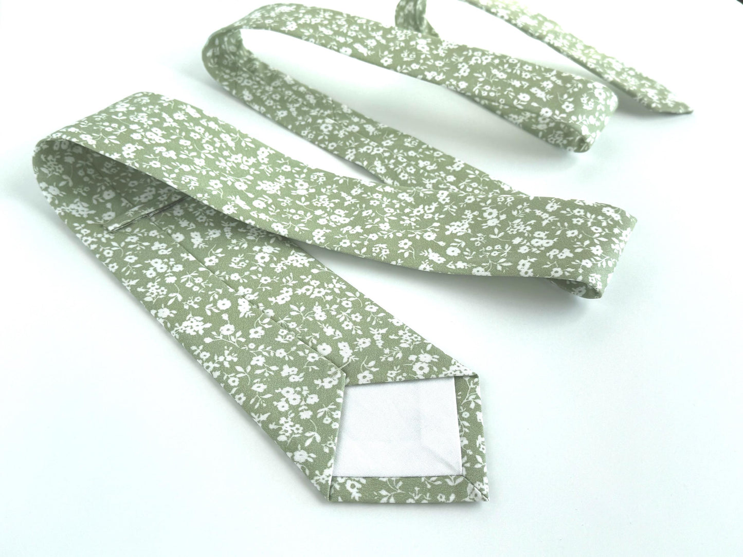 Sage green floral necktie, greenery bow tie for men and boys, pocket square, rustic wedding attire, groom long tie, groomsmen skinny tie