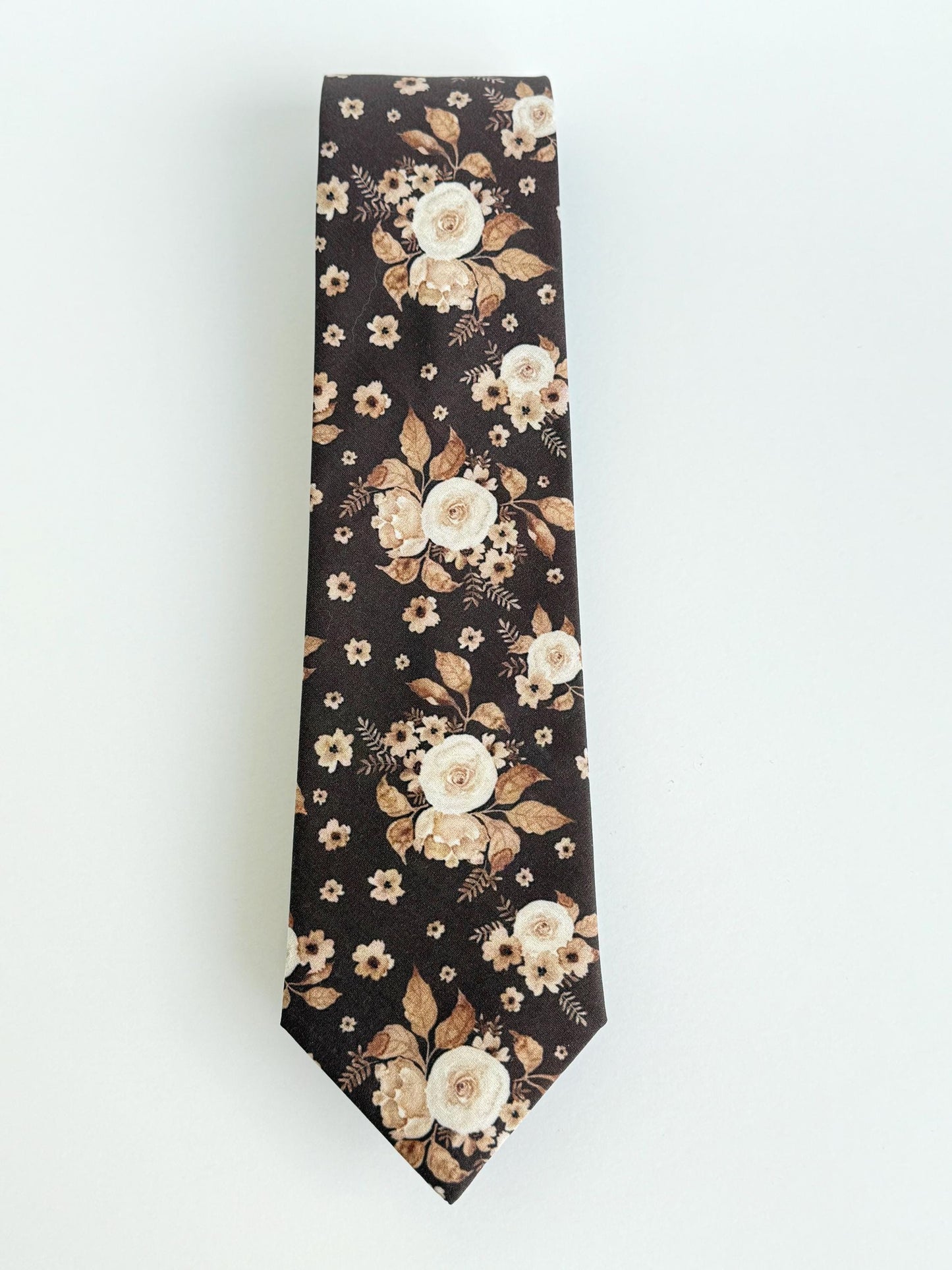 Brown tan floral necktie, bow tie, pocket square, brown skinny tie, boho rustic wedding, grooms tie, groomsmen floral ties