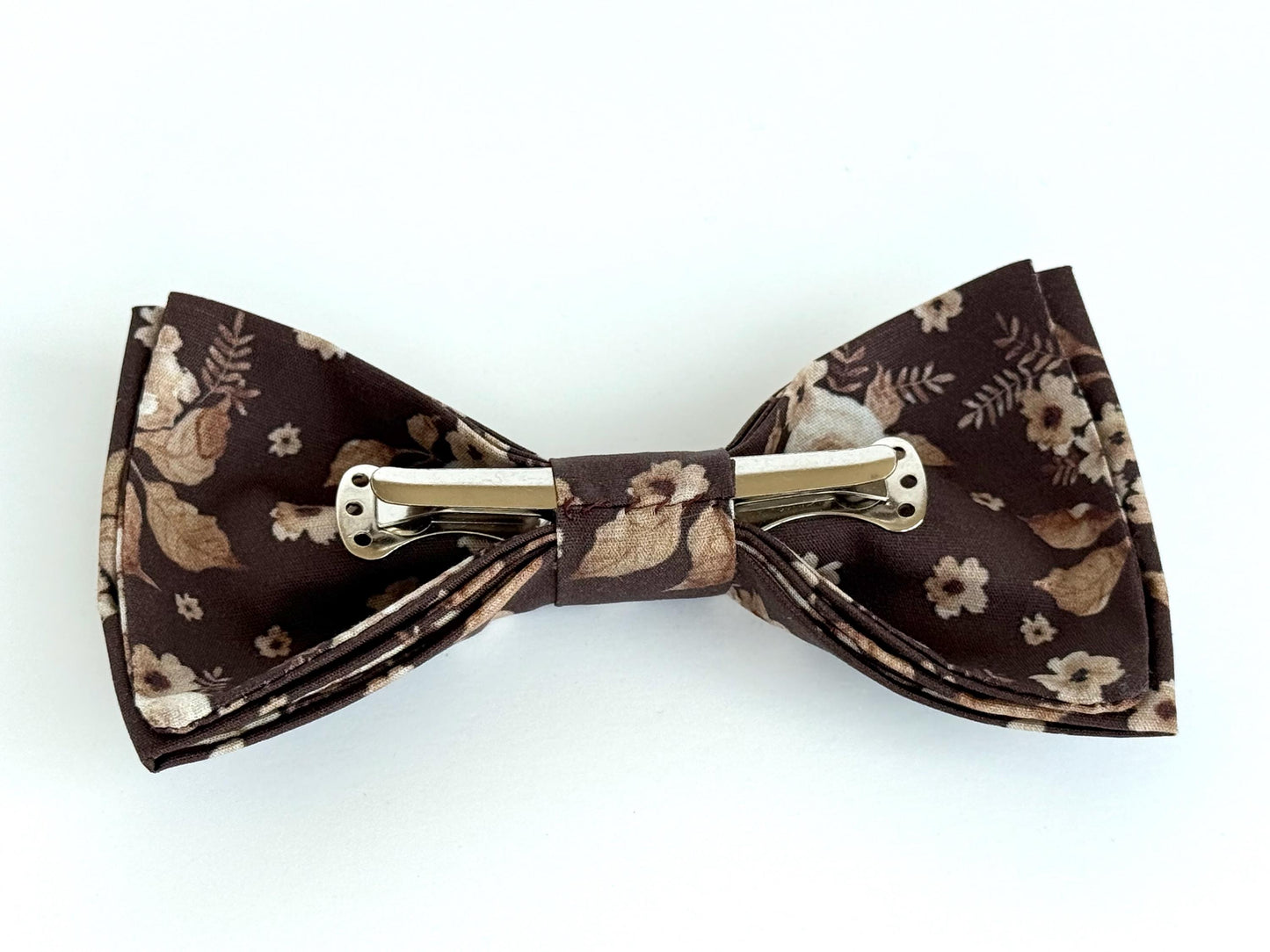 Brown tan floral necktie, bow tie, pocket square, brown skinny tie, boho rustic wedding, grooms tie, groomsmen floral ties