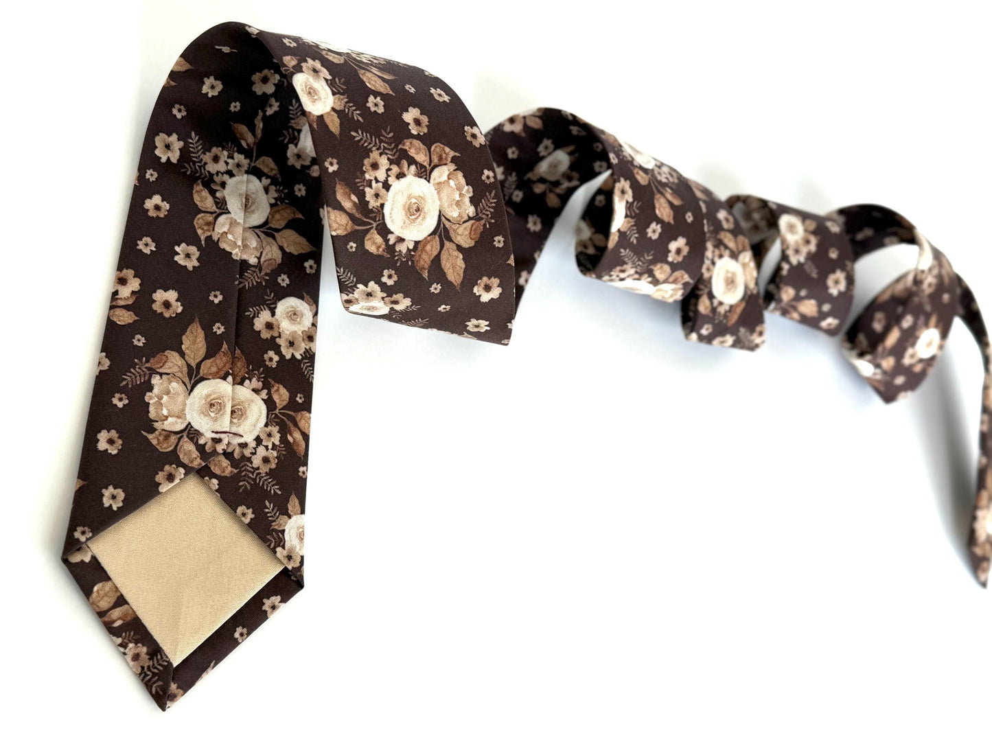 Brown tan floral necktie, bow tie, pocket square, brown skinny tie, boho rustic wedding, grooms tie, groomsmen floral ties