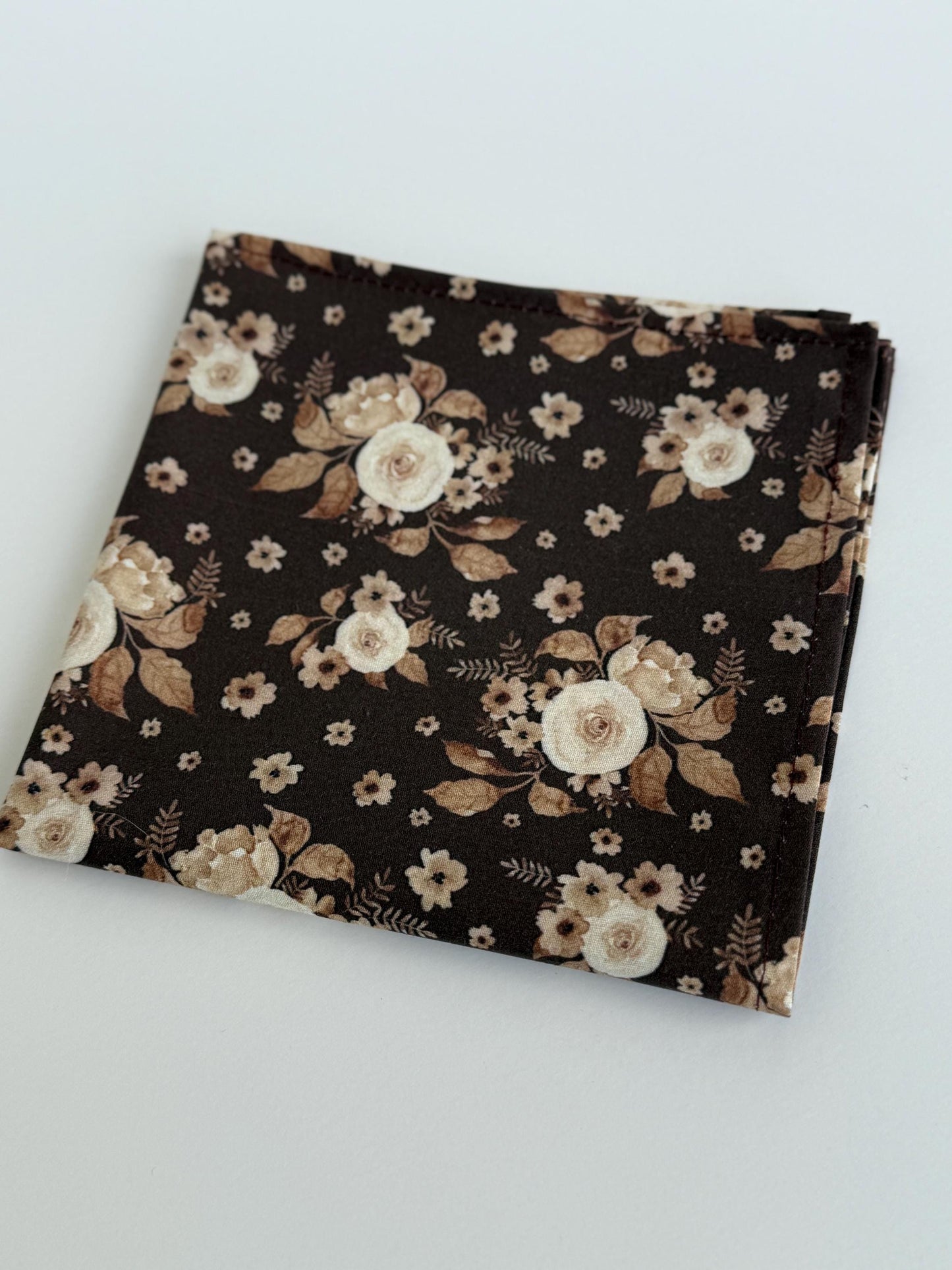 Brown tan floral necktie, bow tie, pocket square, brown skinny tie, boho rustic wedding, grooms tie, groomsmen floral ties