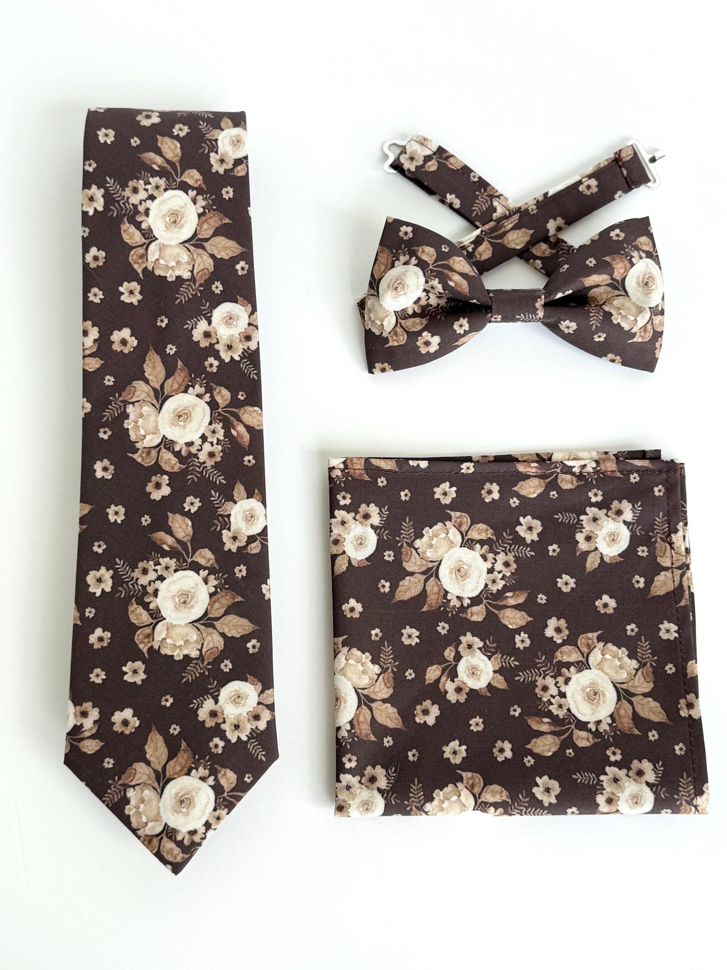 Brown tan floral necktie, bow tie, pocket square, brown skinny tie, boho rustic wedding, grooms tie, groomsmen floral ties