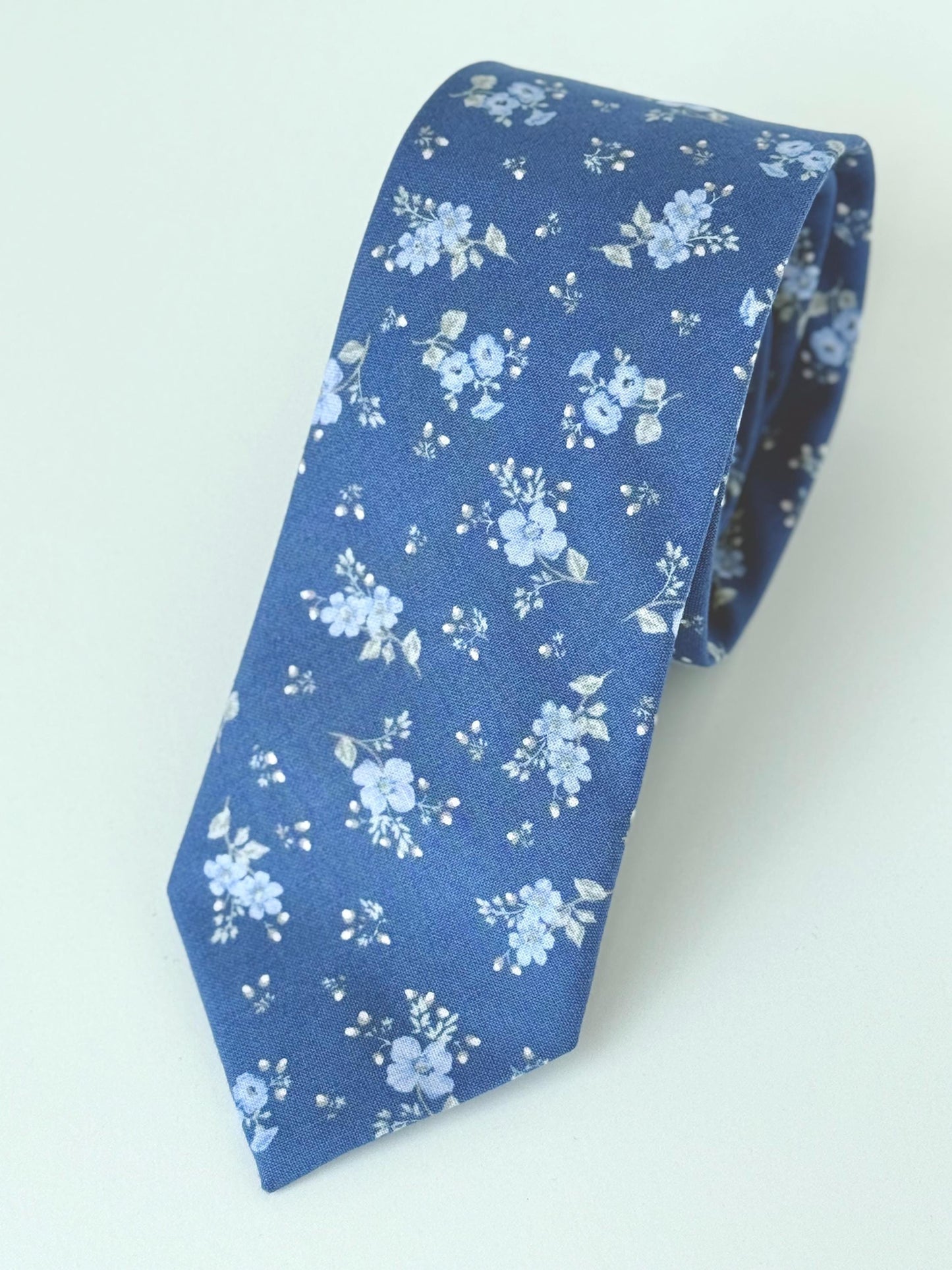 Blue floral necktie, bow tie, pocket square, blue wedding groomsmen long tie, floral skinny tie for men and boys