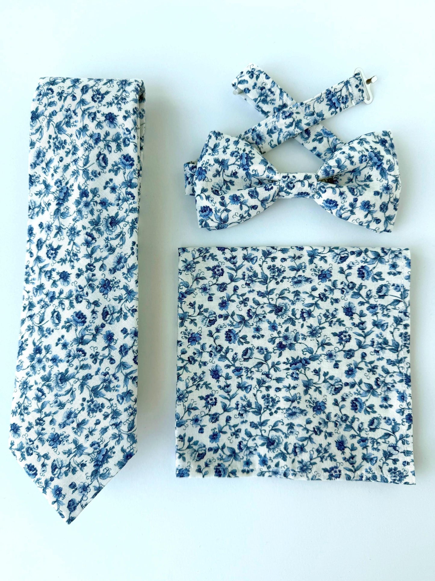 Blue floral necktie for men and boys, wedding dusty blue floral bow tie, pocket square, regular tie, skinny tie for grooms, groomsmen,