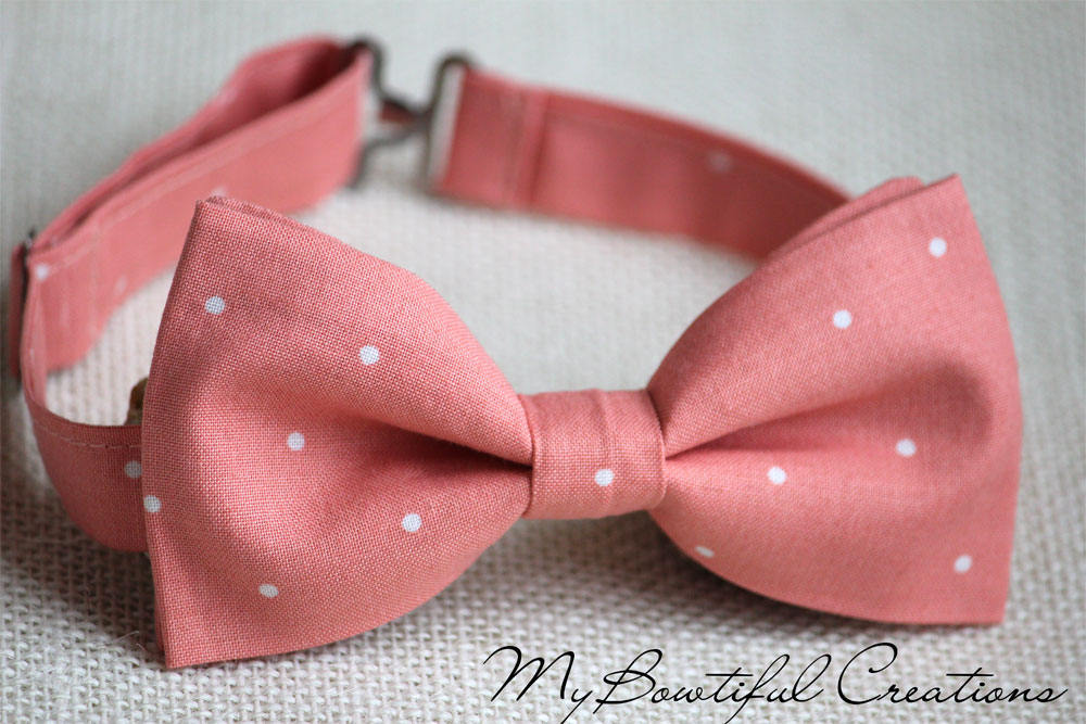 Peach coral bow tie, Peach Coral polka dot men bow tie, pre-tied bow tie, dark peach bow tie,coral wedding bow tie, peach ring bearer bowtie