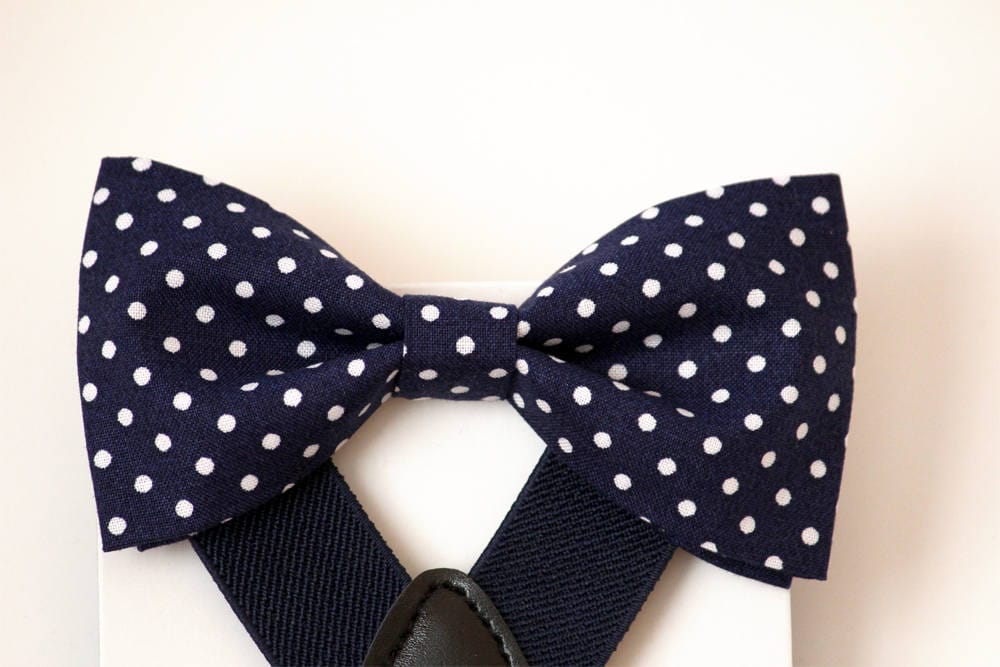 Navy bow tie and suspenders, boy's navy suspenders and bow tie, navy white polka dot bow tie, toddler suspenders, wedding boy outfit