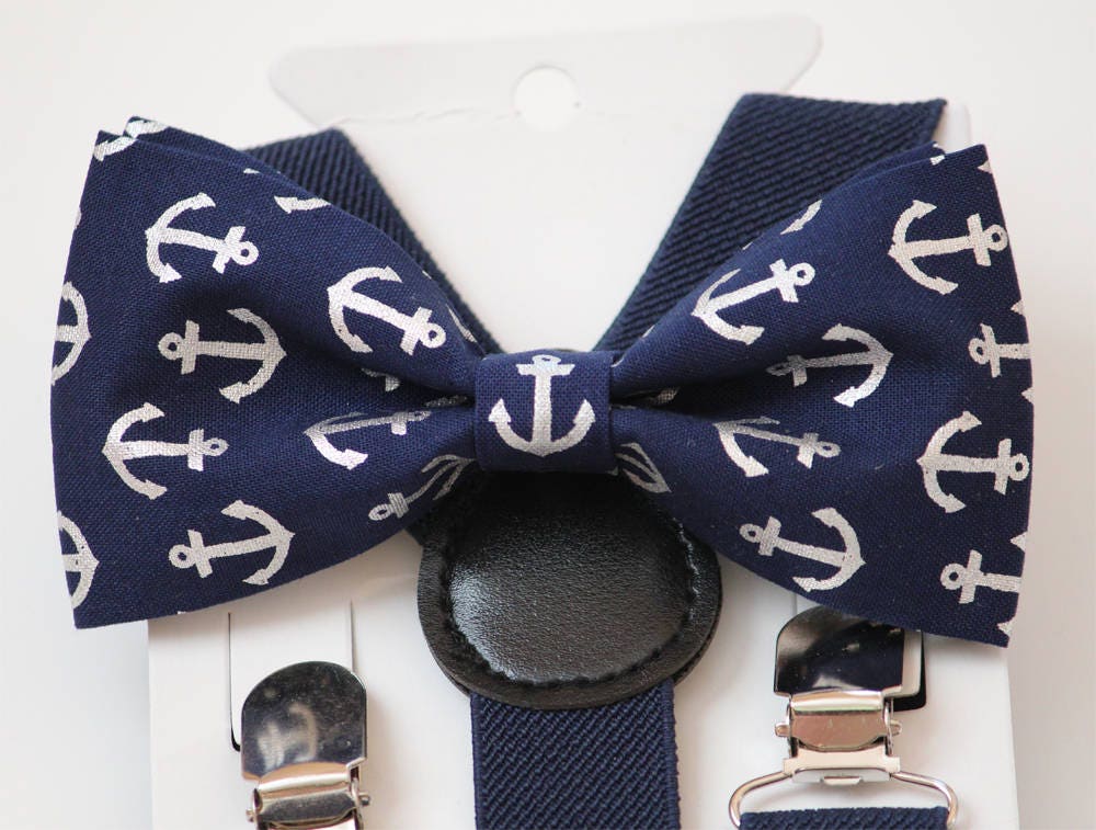 Bow Tie & Suspenders SET, navy suspenders for boys, mens nautical anchors bow tie, toddler outfit, kid's suspenders