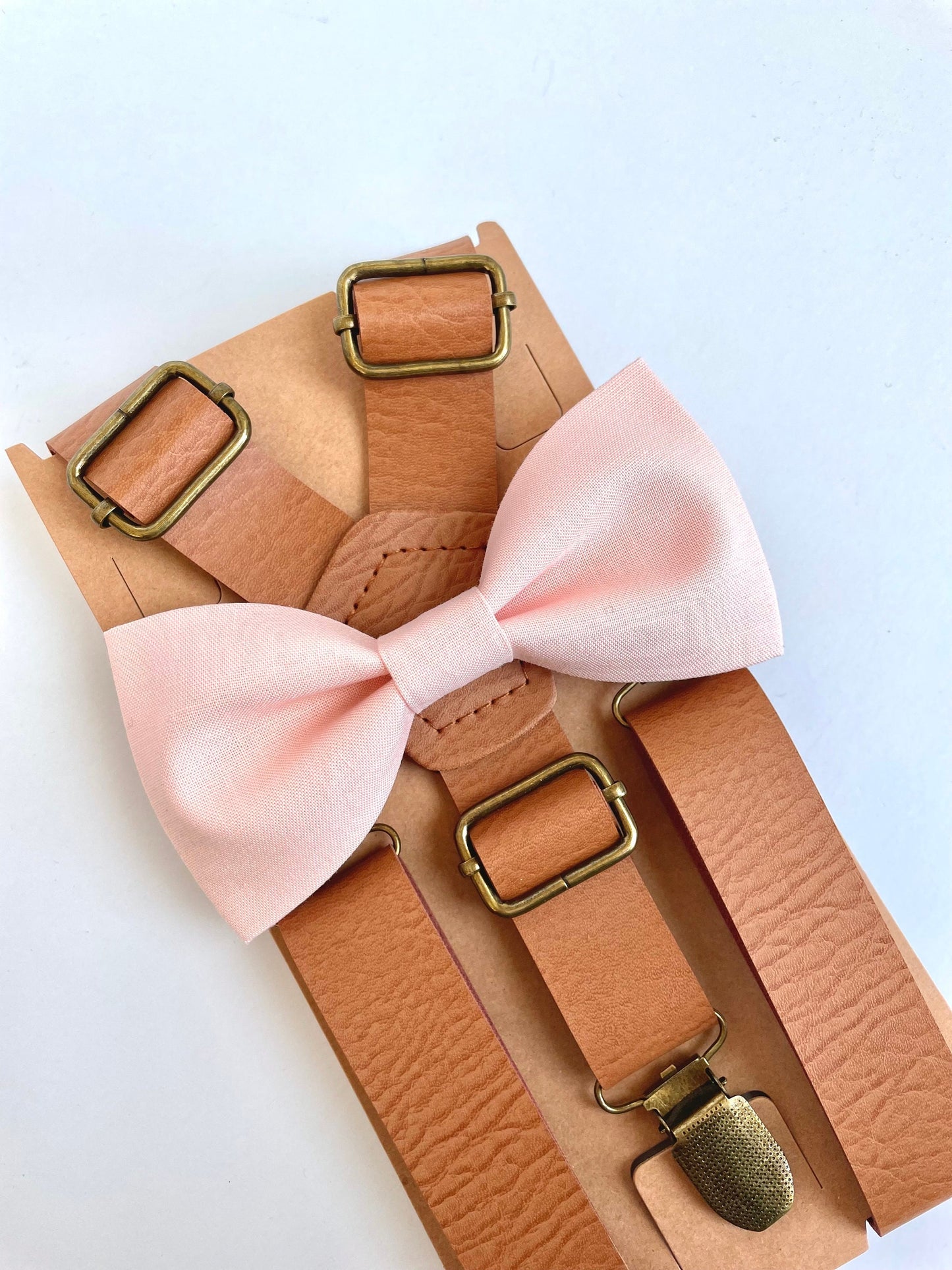 Blush bow tie and tan faux leather suspenders set, vintage rustic wedding, grooms mens boys blush pink bow tie, ring boy outfit