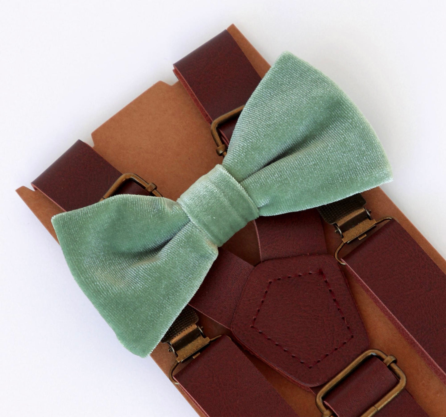 Dusty sage velvet bow tie and brown suspenders for men and boys, wedding grooms groomsmen outfit, sage green bowtie