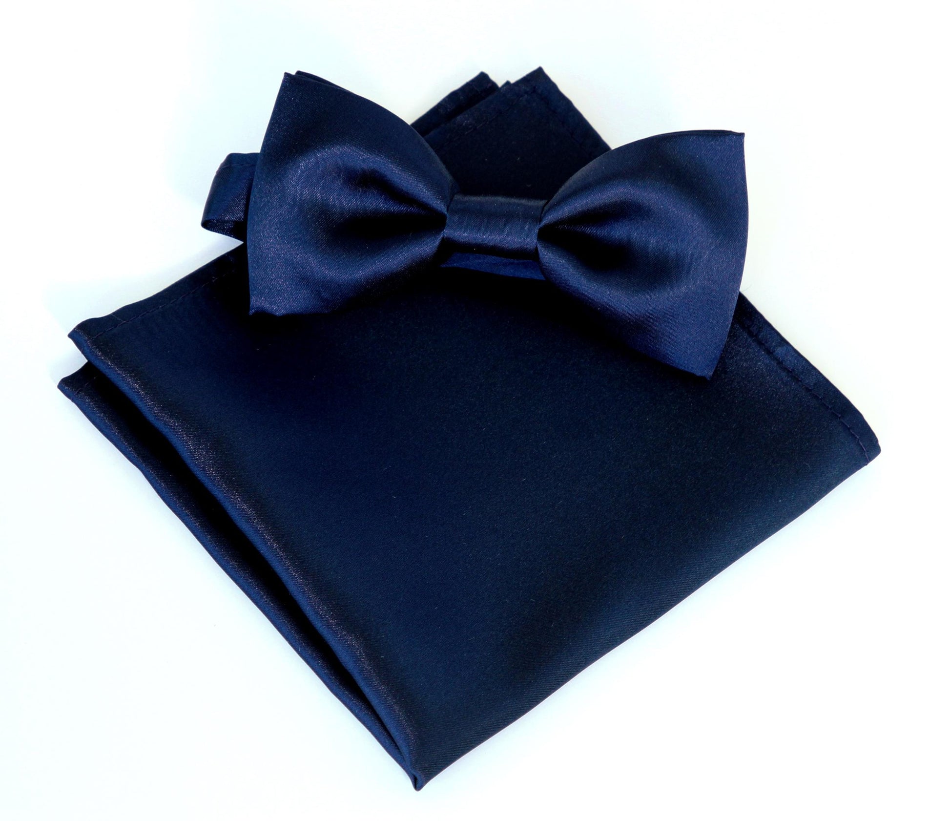 Navy blue satin men's bow tie, pocket square, wedding bowtie for men and boys, grooms, groomsmen dark blue bow tie