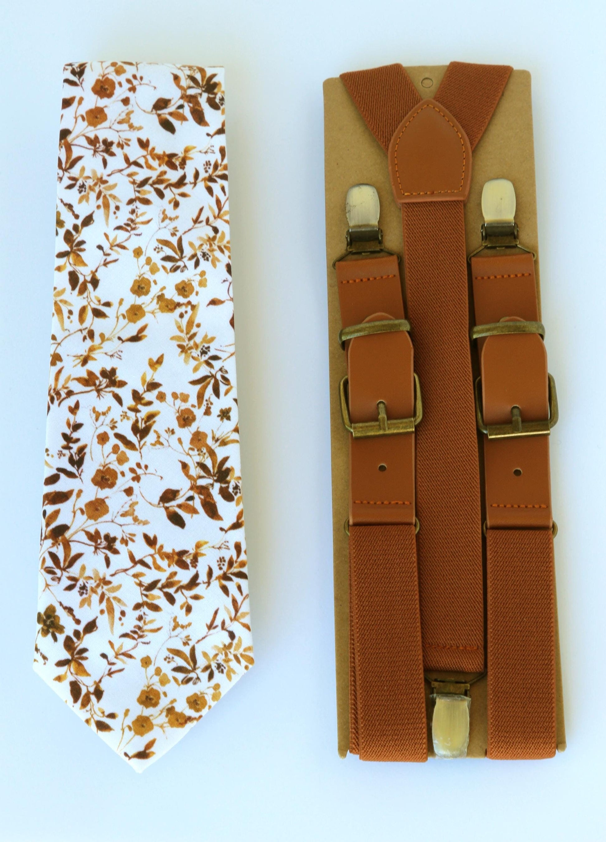 Brown floral necktie and suspenders, fall outfit, wedding grooms long tie, autumn floral necktie