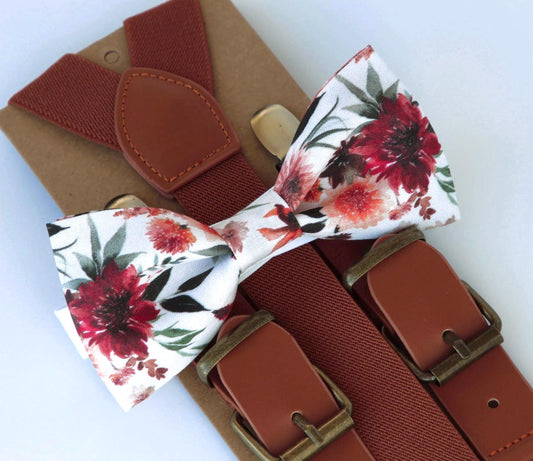 Autumn floral bow tie & cognac brown suspenders, burgundy flowers bowtie for men and boys, grooms ring bearer outfit, boho wedding