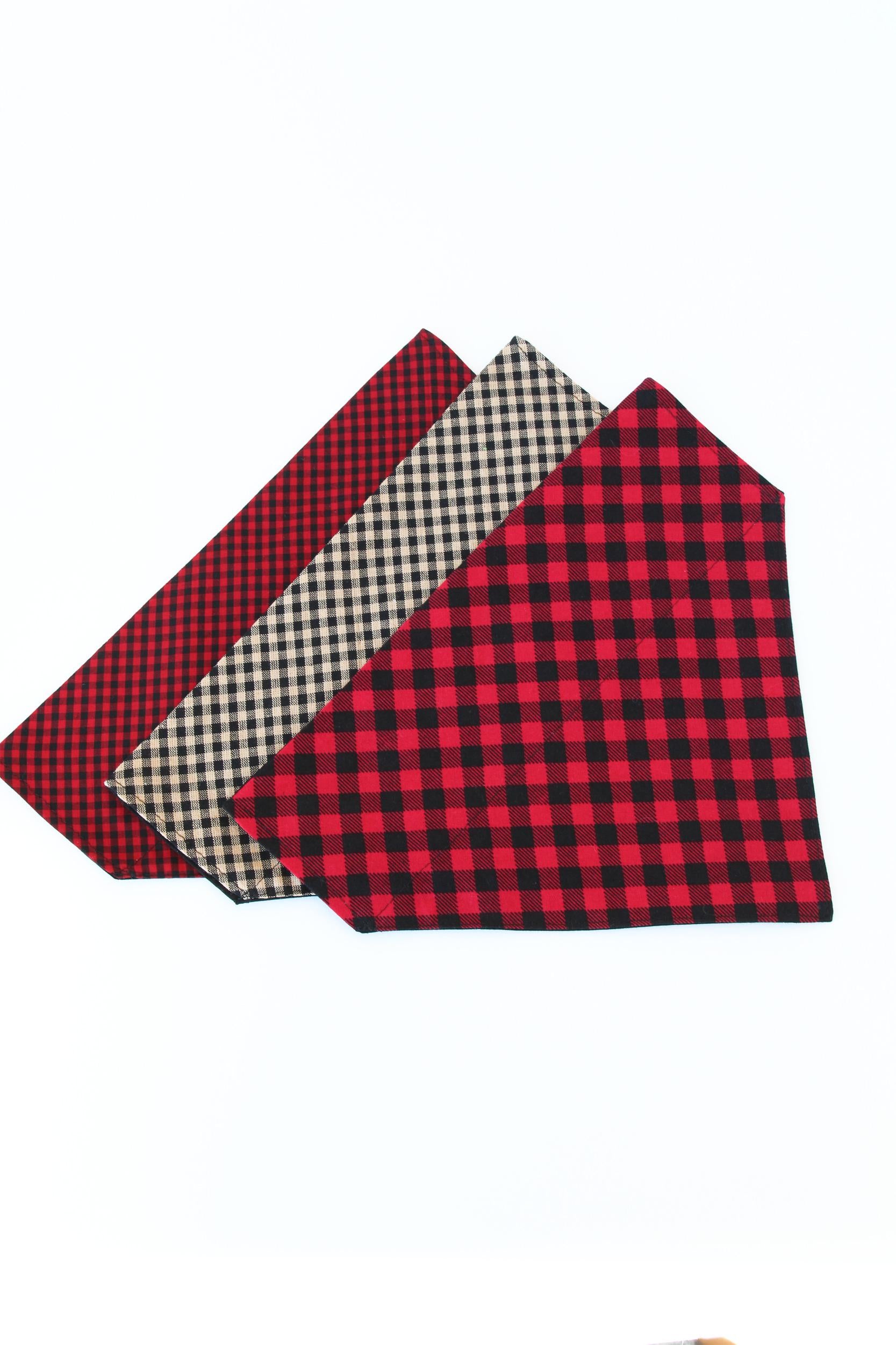 Christmas dog bandana, red black over the collar dog bandana, red buffalo plaid dog collar on bandana, Holiday bandana, slip on dog bandana