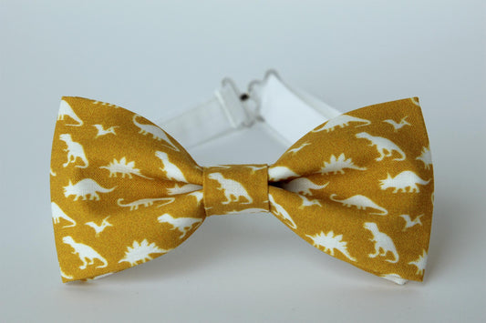 Dinosaurs bow tie for men and boys, dinos bowtie, mustard yellow bow tie, kids dinosaur party bow tie, gift for him, fun bow tie