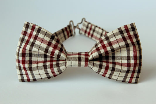 Tan plaid bow tie for men and boys, stylish burgundy plaid bow tie, checkered bowtie, gift for him, modern plaid bow tie, beige burgundy tie