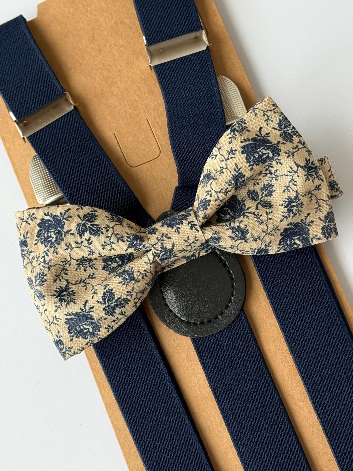 Tan navy floral bow tie and suspenders set for men and boys, navy blue suspenders, navy blue flowers bow tie, pocket square, necktie