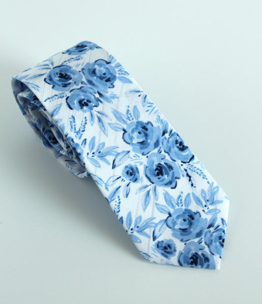 White Blue Floral necktie, skinny tie for men, wedding grooms floral long tie, blue flowers necktie, groomsmen necktie, bow tie