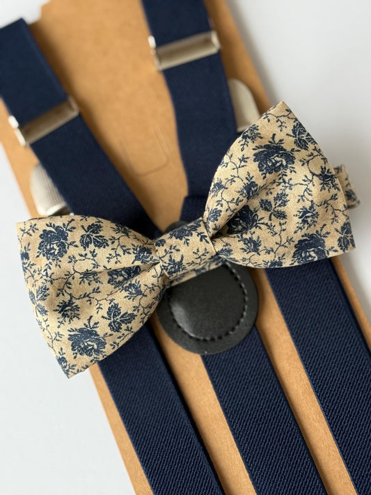 Tan navy floral bow tie and suspenders set for men and boys, navy blue suspenders, navy blue flowers bow tie, pocket square, necktie