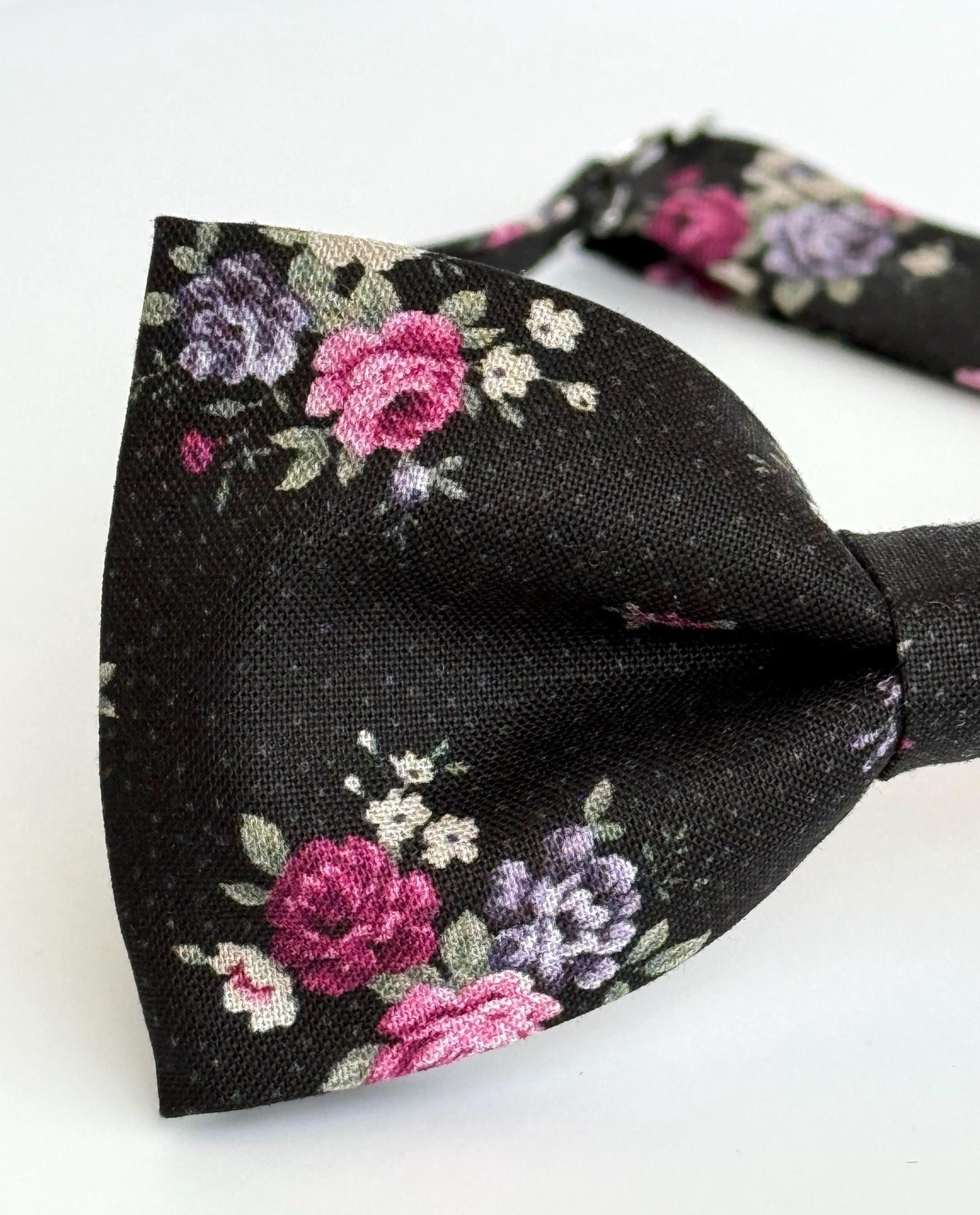 Black floral bow tie, pocket square, black and rose floral bow tie for men and boys