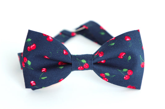 Navy blue with cherries bow tie for men and boys, cherry bow tie, gift for him, navy suspenders, fruit bow tie, kids bow tie, novelty bowtie