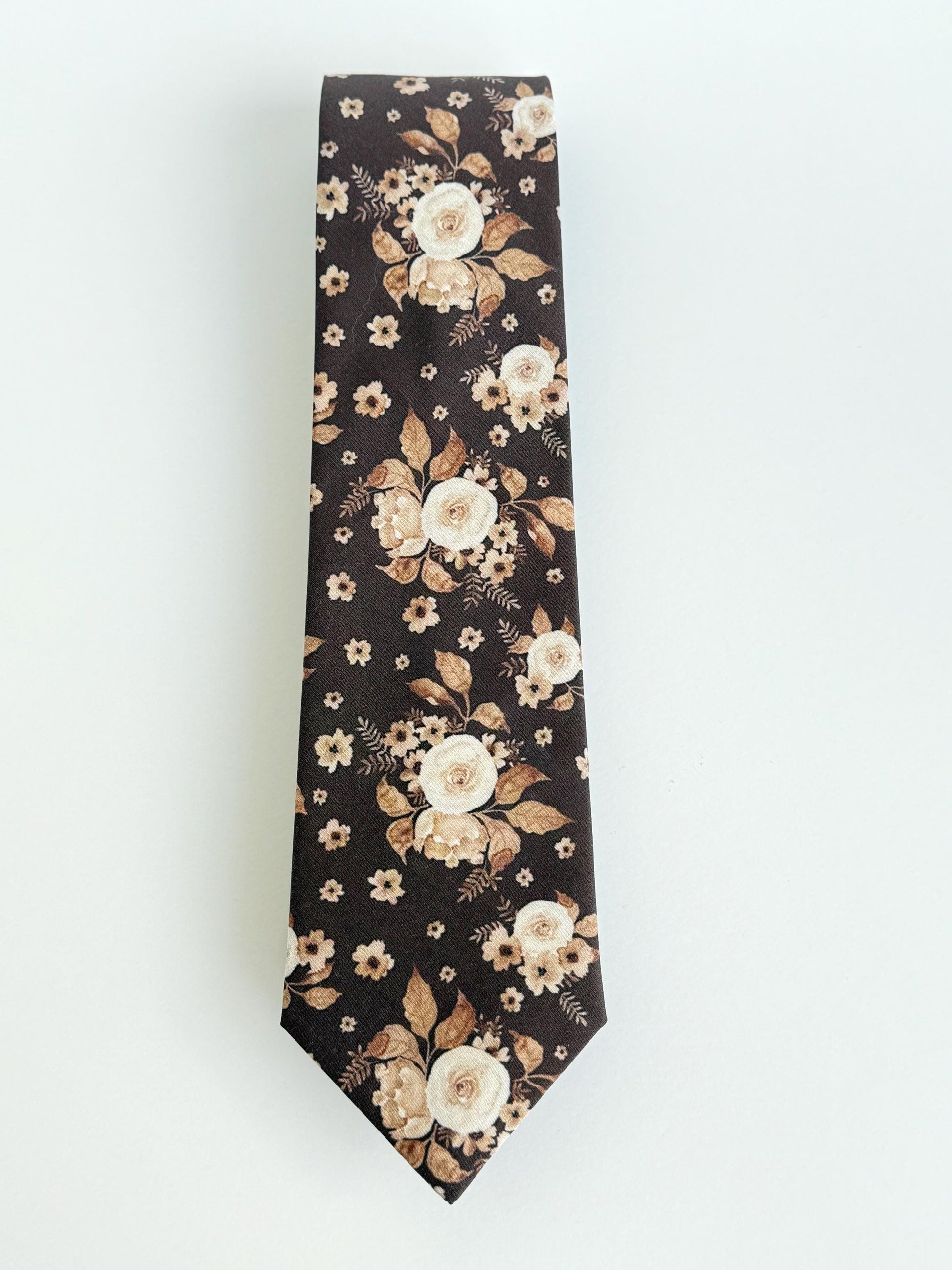 Brown tan floral necktie, bow tie, pocket square, brown skinny tie, boho rustic wedding, grooms tie, groomsmen floral ties
