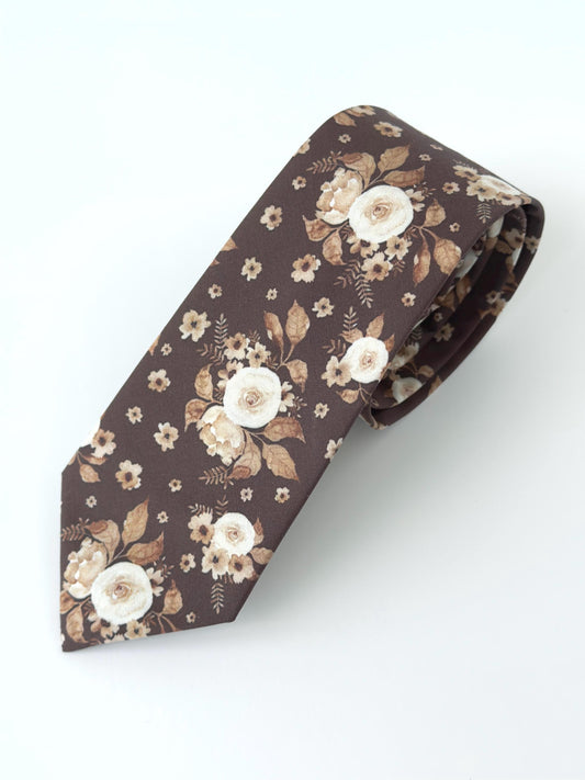 Brown tan floral necktie, bow tie, pocket square, brown skinny tie, boho rustic wedding, grooms tie, groomsmen floral ties