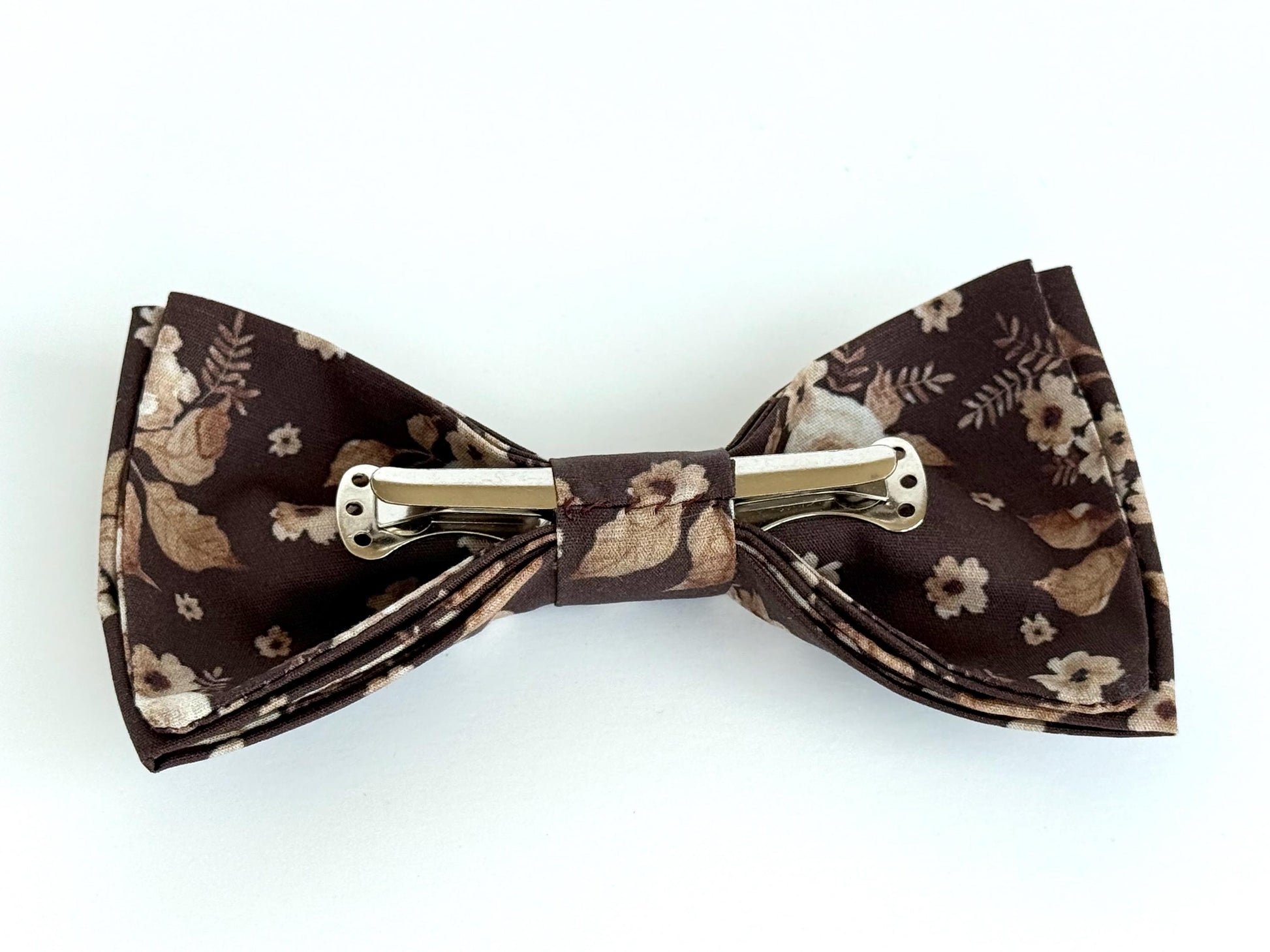 Brown tan floral necktie, bow tie, pocket square, brown skinny tie, boho rustic wedding, grooms tie, groomsmen floral ties