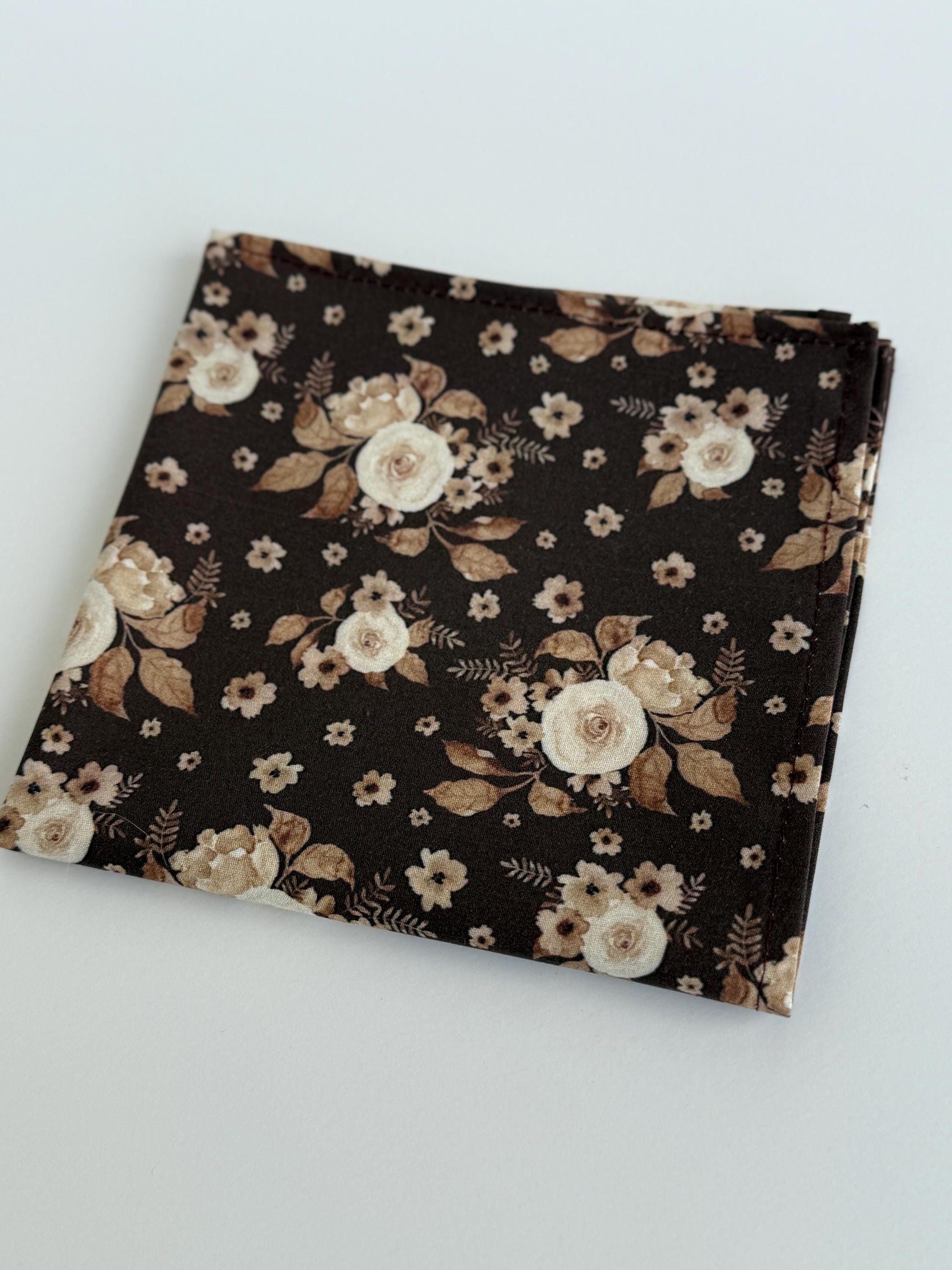 Brown tan floral necktie, bow tie, pocket square, brown skinny tie, boho rustic wedding, grooms tie, groomsmen floral ties