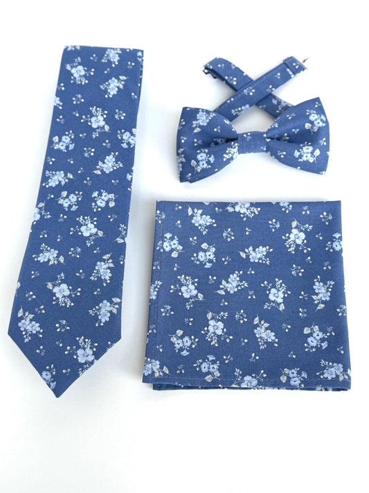 Blue floral necktie, bow tie, pocket square, blue wedding groomsmen long tie, floral skinny tie for men and boys