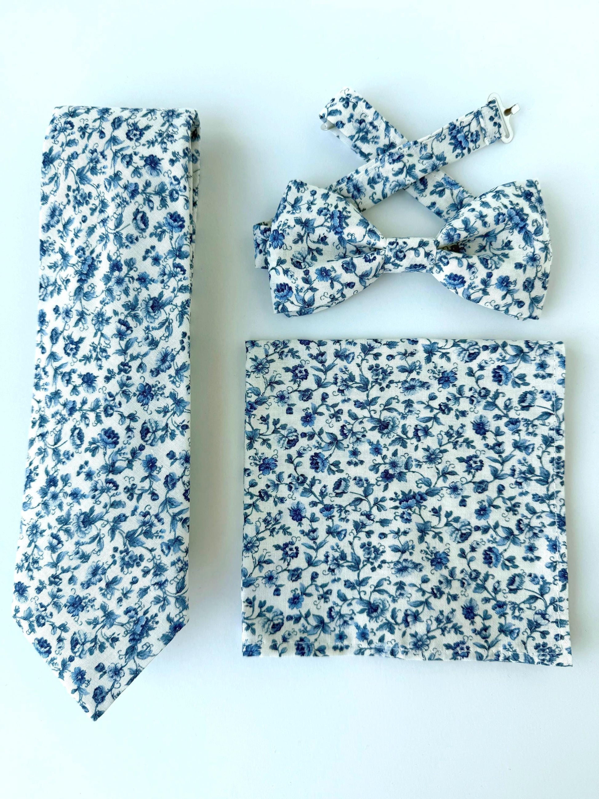 Blue floral necktie for men and boys, wedding dusty blue floral bow tie, pocket square, regular tie, skinny tie for grooms, groomsmen,