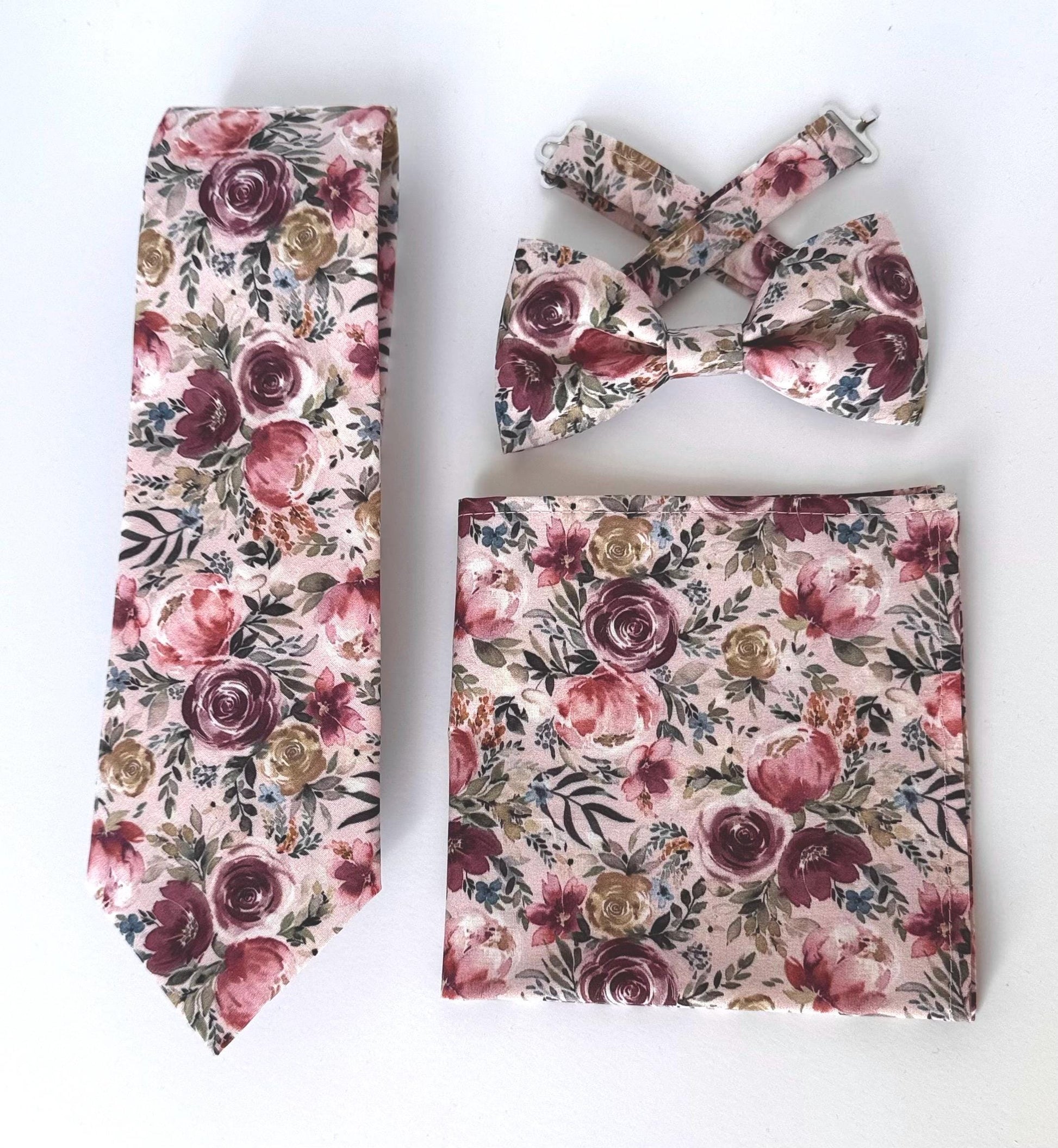 Dusty rose floral necktie for men and boys, blush pink floral bow tie