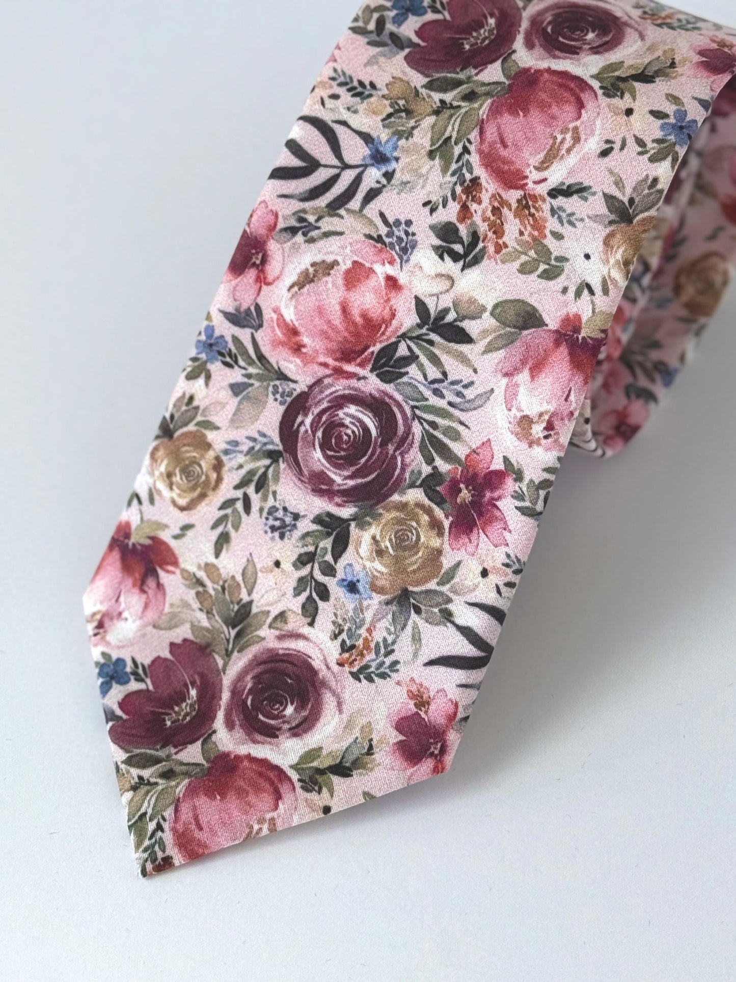 Dusty rose floral necktie for men and boys, blush pink floral bow tie