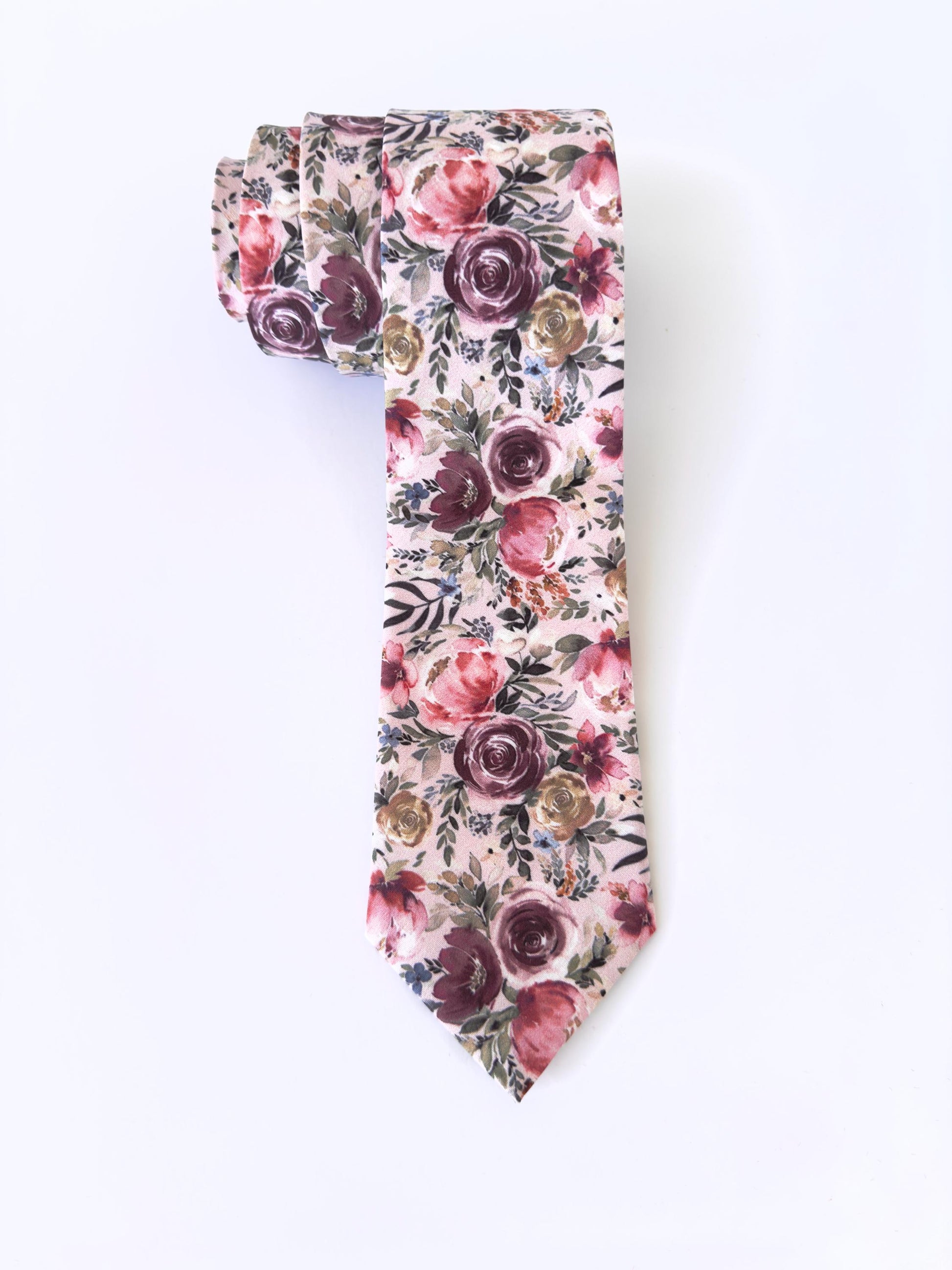 Dusty rose floral necktie for men and boys, blush pink floral bow tie