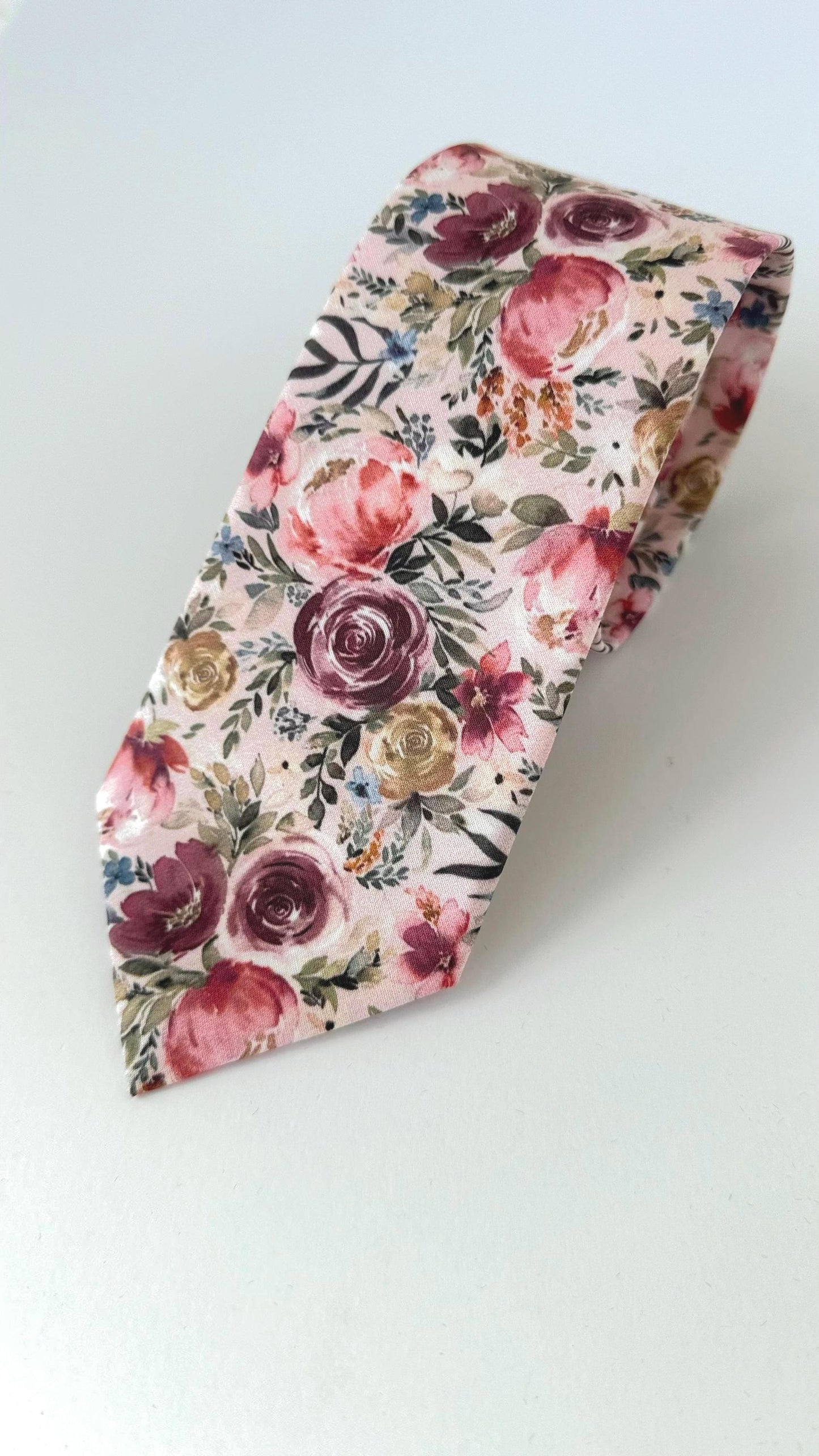 Dusty rose floral necktie for men and boys, blush pink floral bow tie