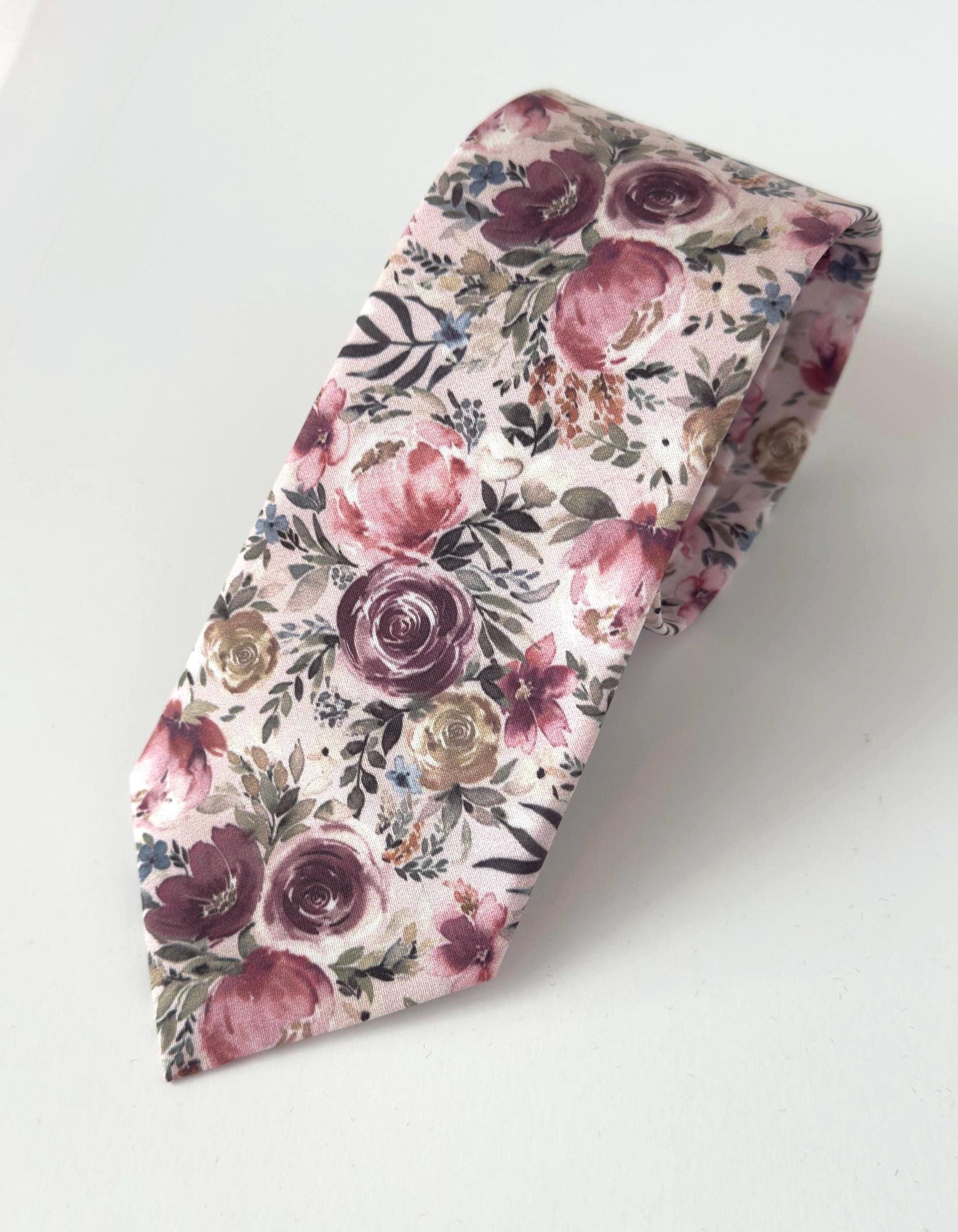 Dusty rose floral necktie for men and boys, blush pink floral bow tie