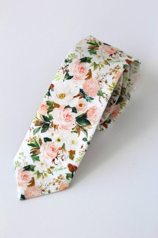 Blush floral men’s necktie, wedding floral tie, blush and green skinny tie