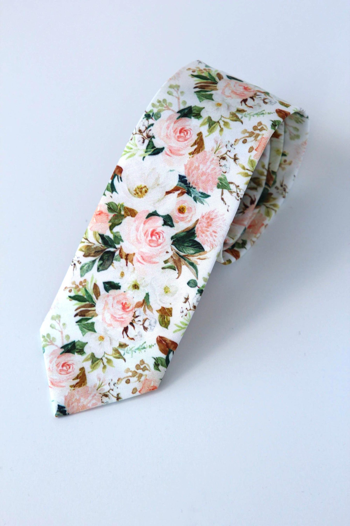 Blush floral men’s necktie, wedding floral tie, blush and green skinny tie