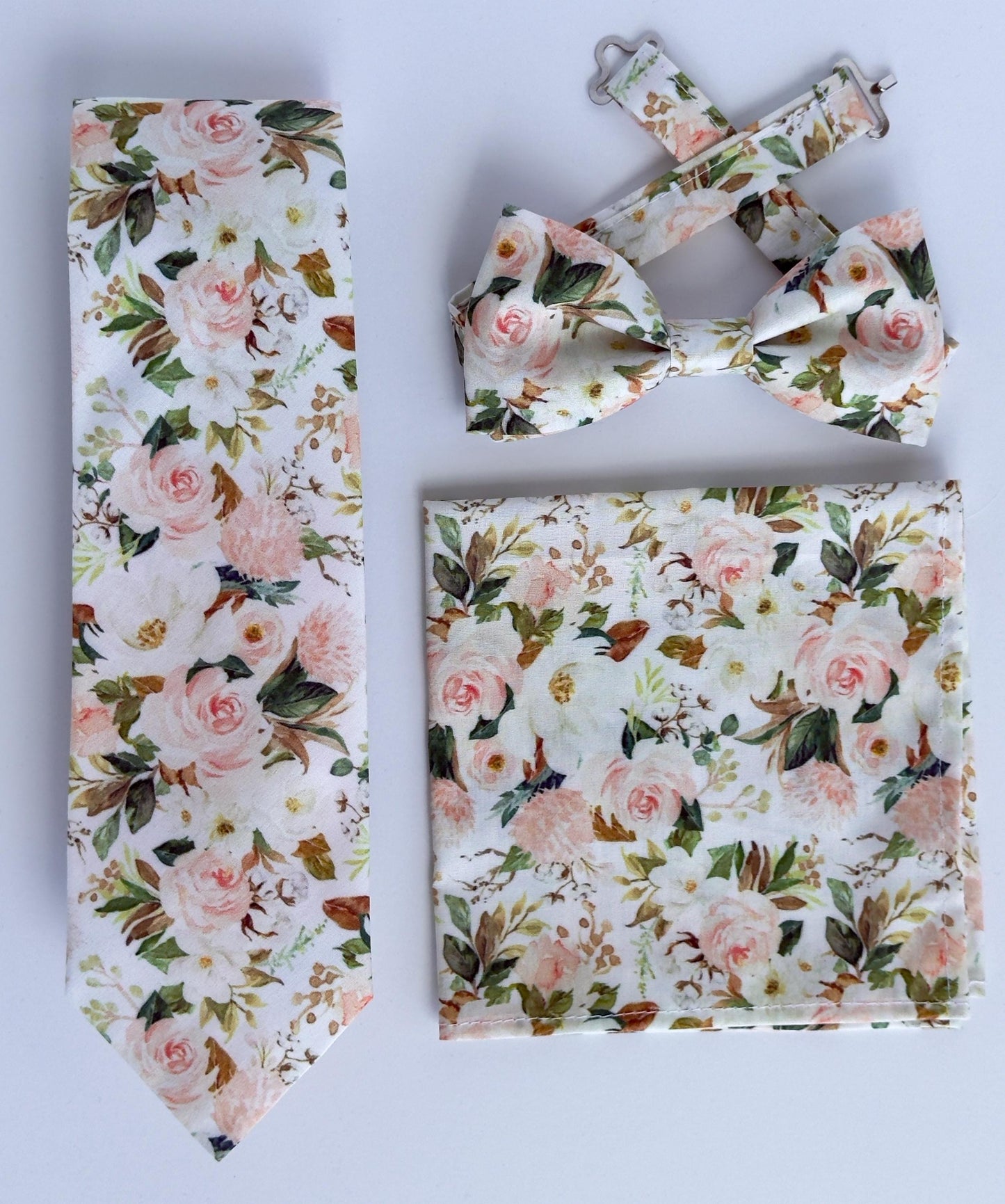 Blush floral men’s necktie, wedding floral tie, blush and green skinny tie