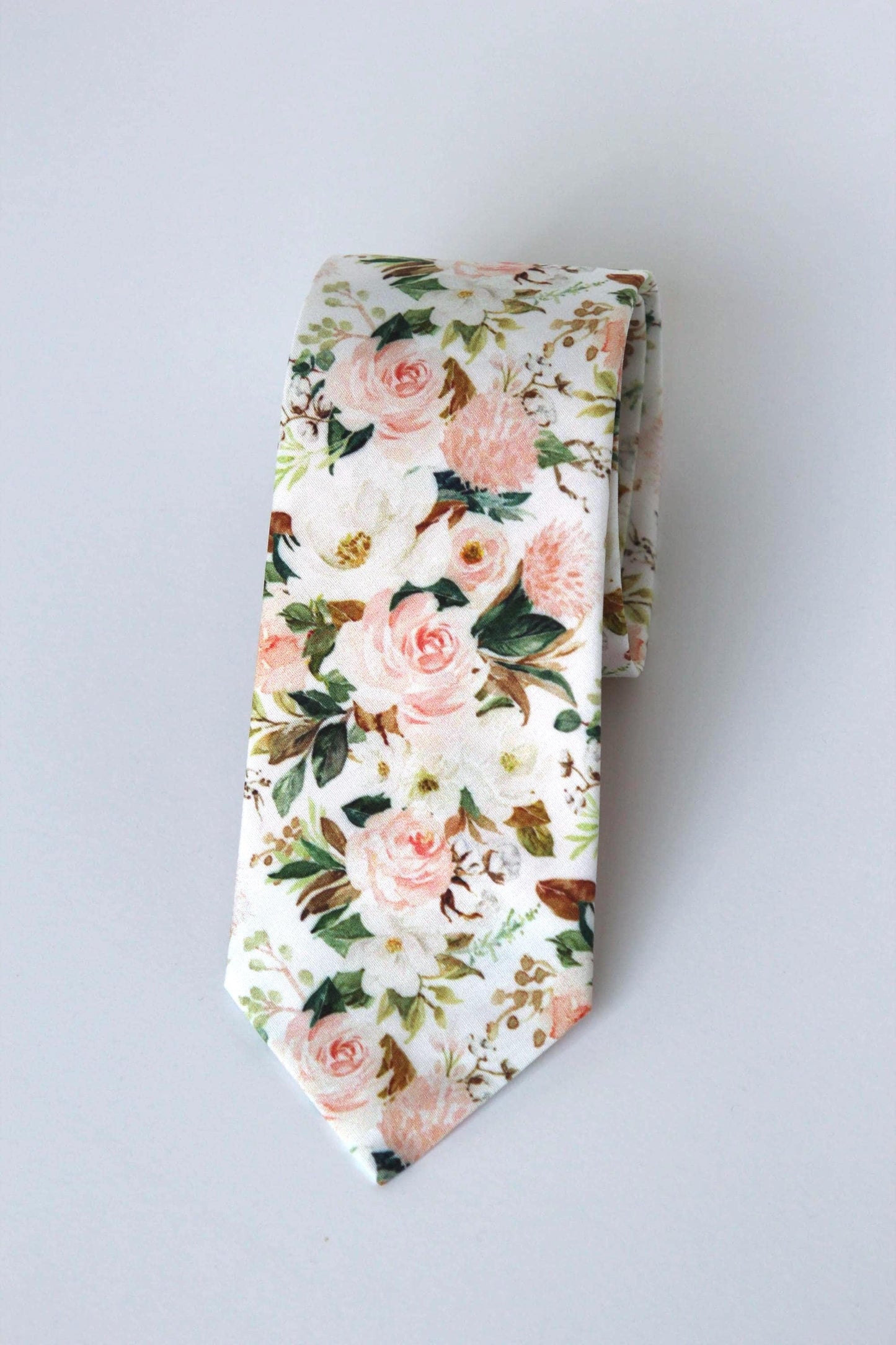 Blush floral men’s necktie, wedding floral tie, blush and green skinny tie