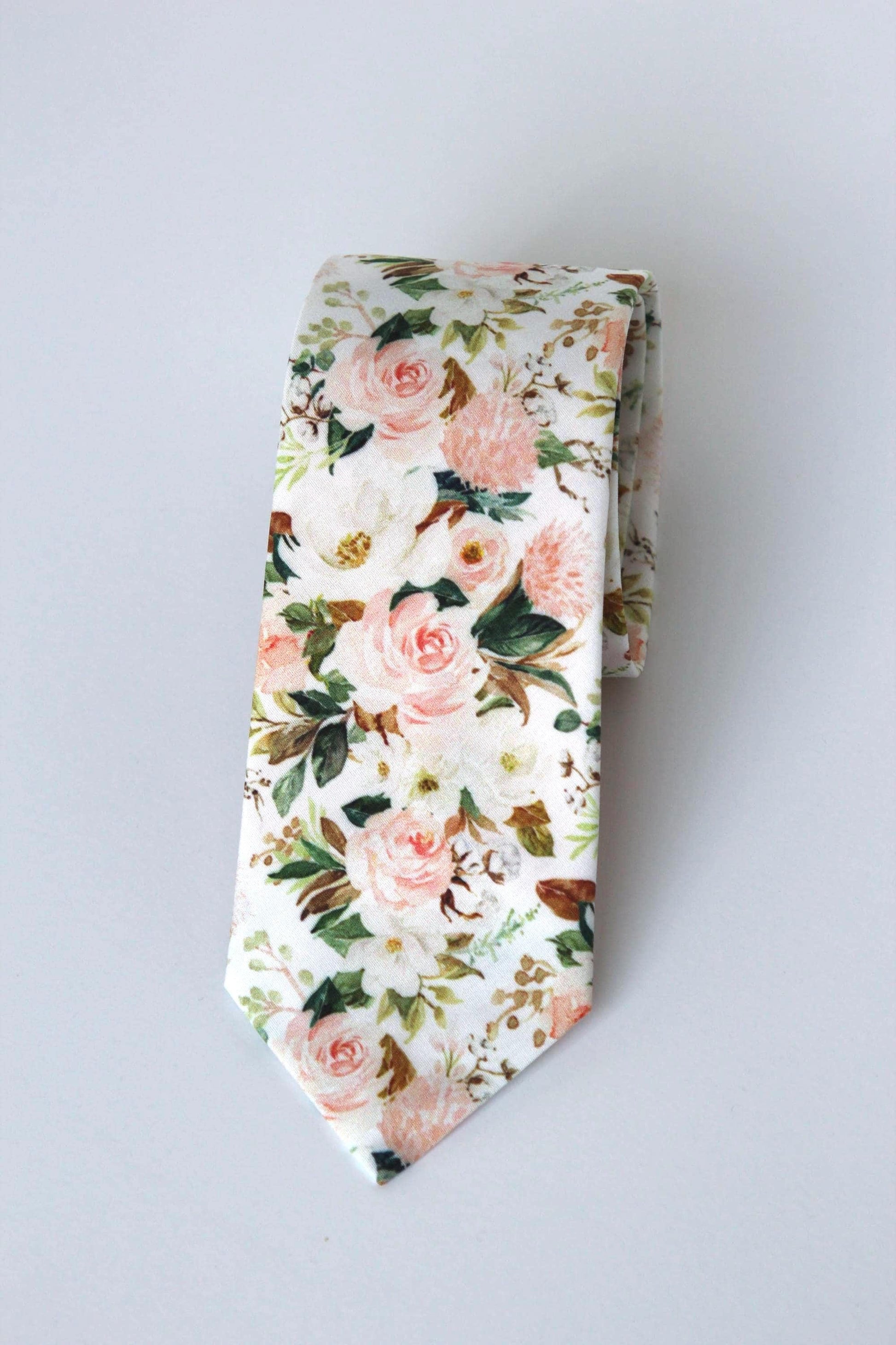 Blush floral men’s necktie, wedding floral tie, blush and green skinny tie