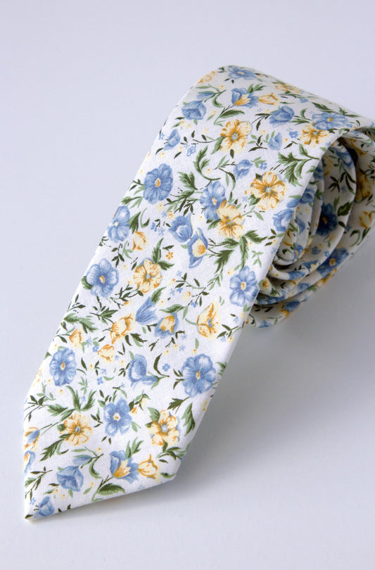 Men’s blue yellow floral necktie, skinny tie, summer wedding, blue flowers bow tie for men and boys, wildflowers necktie