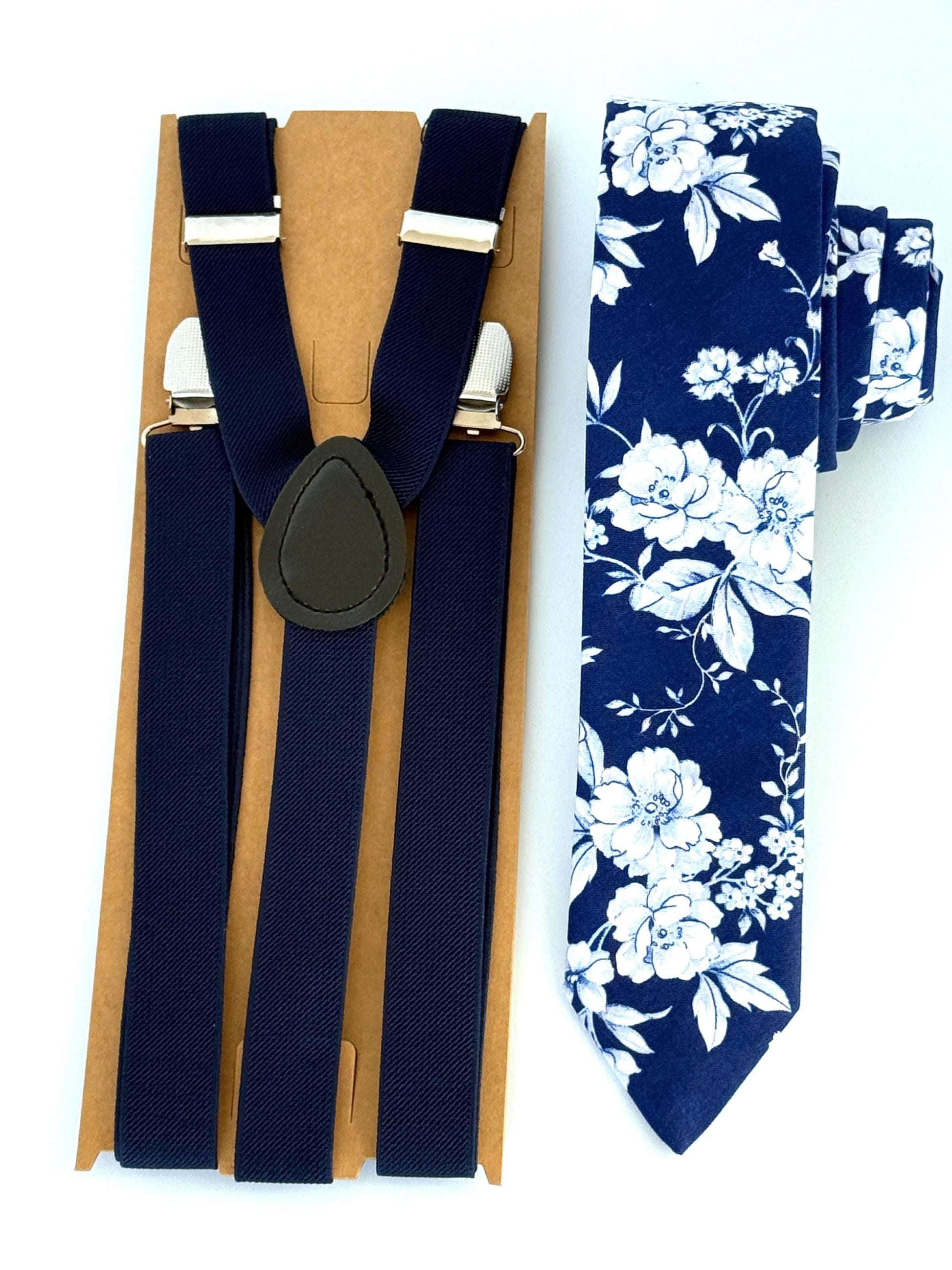 navy blue suspenders and navy floral skinny tie