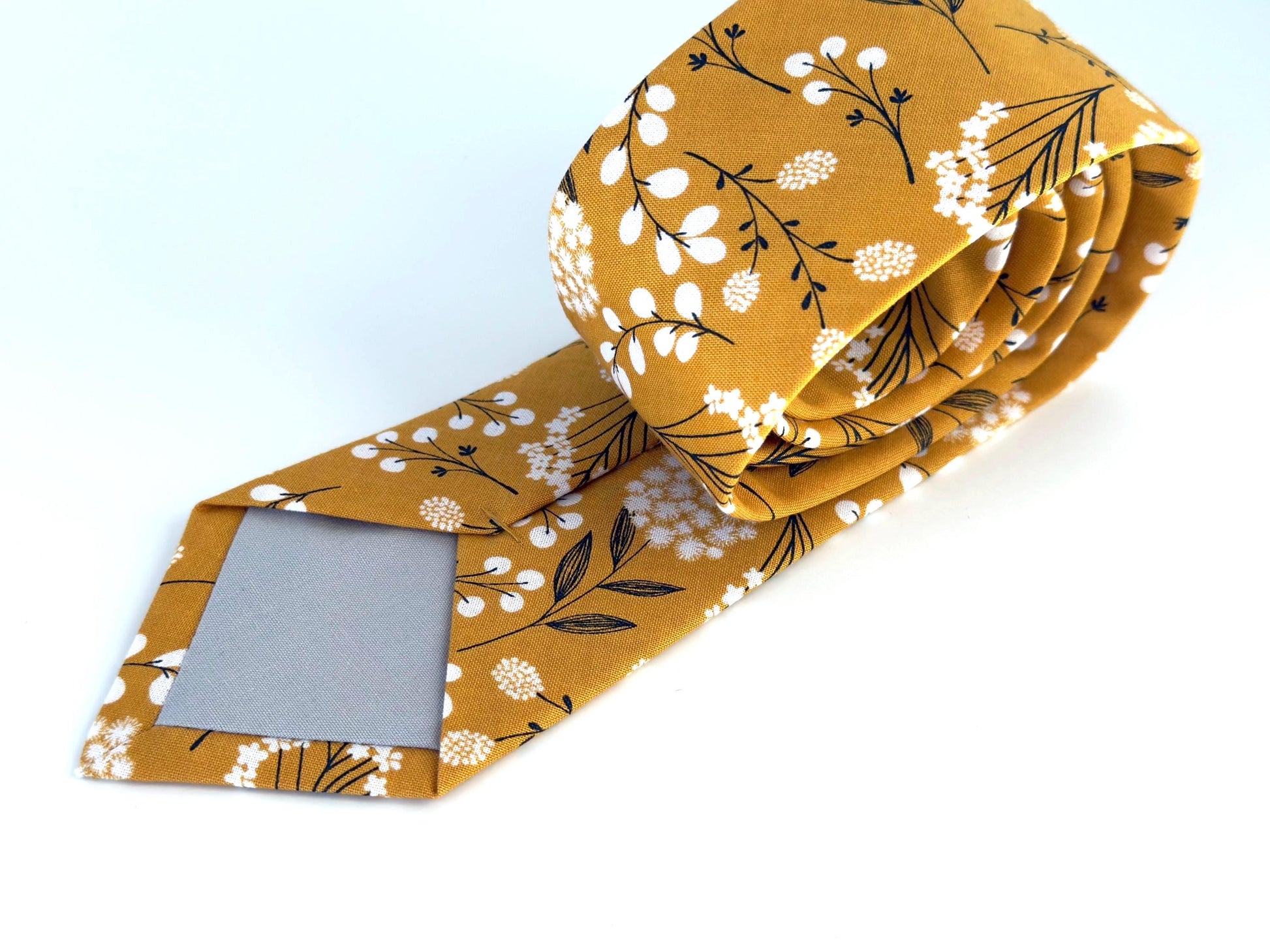 Mustard yellow floral necktie, wedding long tie, groomsmen skinny tie