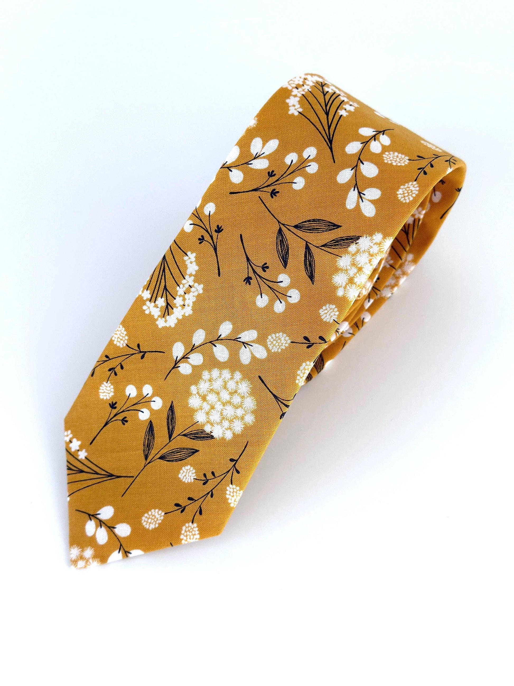 Mustard yellow floral necktie, wedding long tie, groomsmen skinny tie