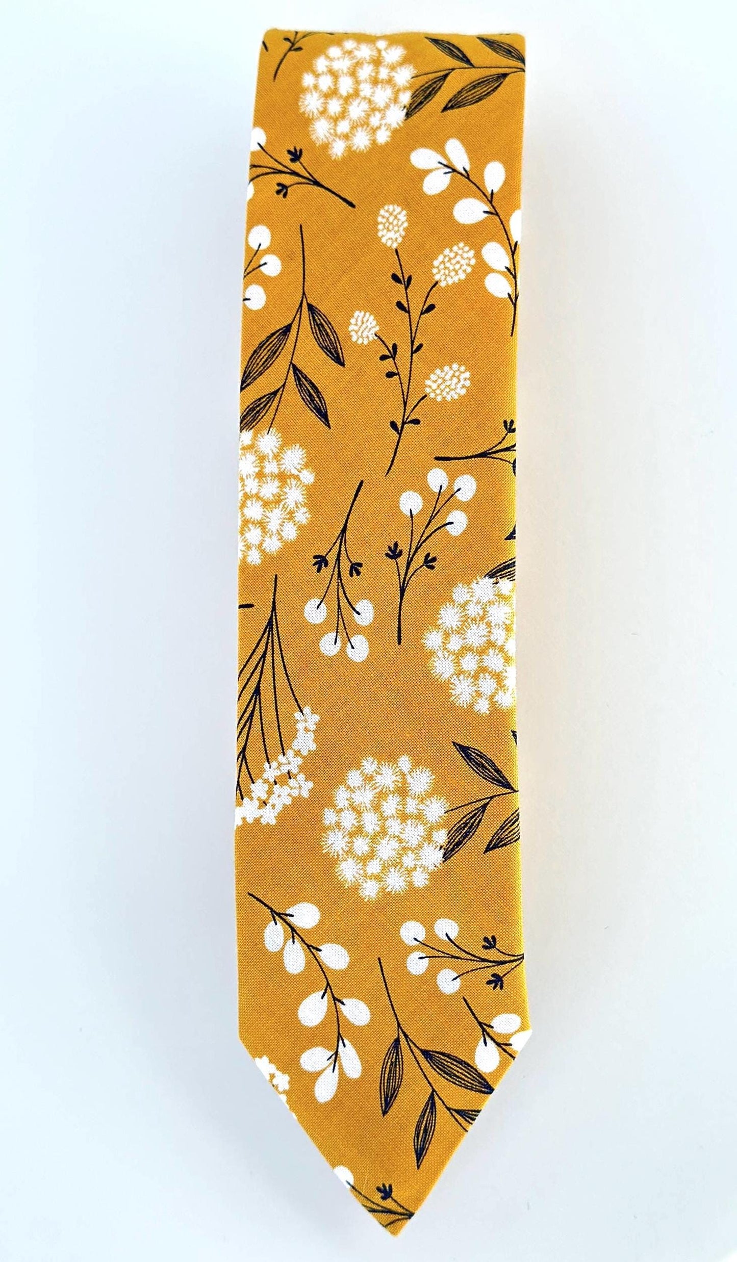 Mustard yellow floral necktie, wedding long tie, groomsmen skinny tie