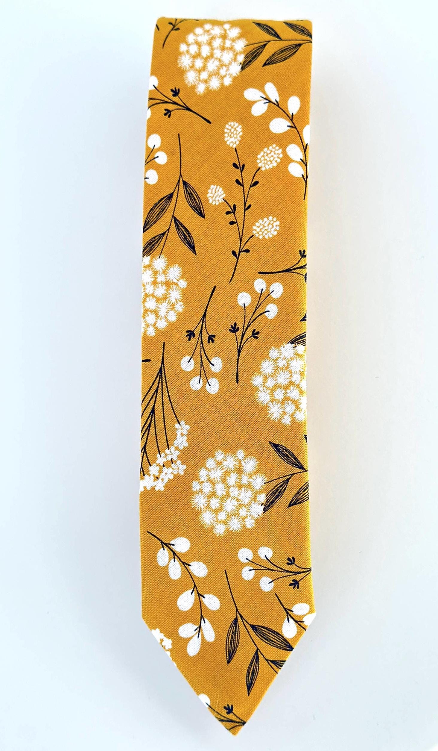 Mustard yellow floral necktie, wedding long tie, groomsmen skinny tie