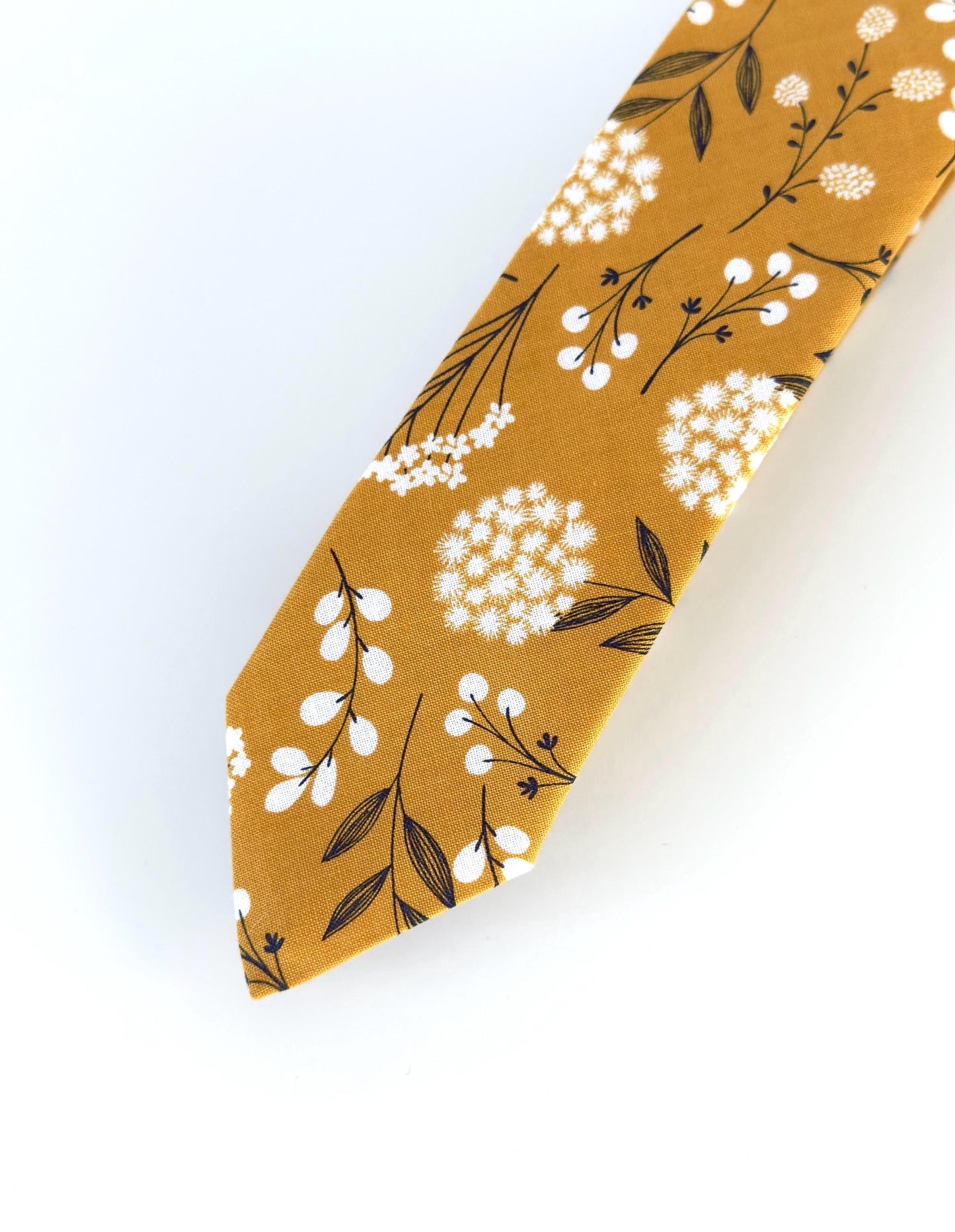 Mustard yellow floral necktie, wedding long tie, groomsmen skinny tie